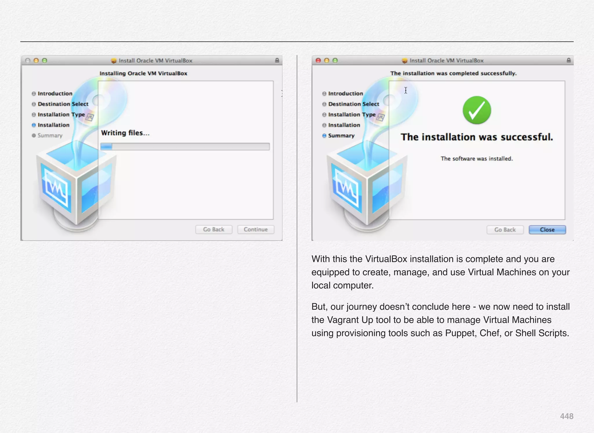 448
With this the VirtualBox installation is complete and you are
equipped to create, manage, and use Virtual Machines on your
local computer.
But, our journey doesn’t conclude here - we now need to install
the Vagrant Up tool to be able to manage Virtual Machines
using provisioning tools such as Puppet, Chef, or Shell Scripts.
 