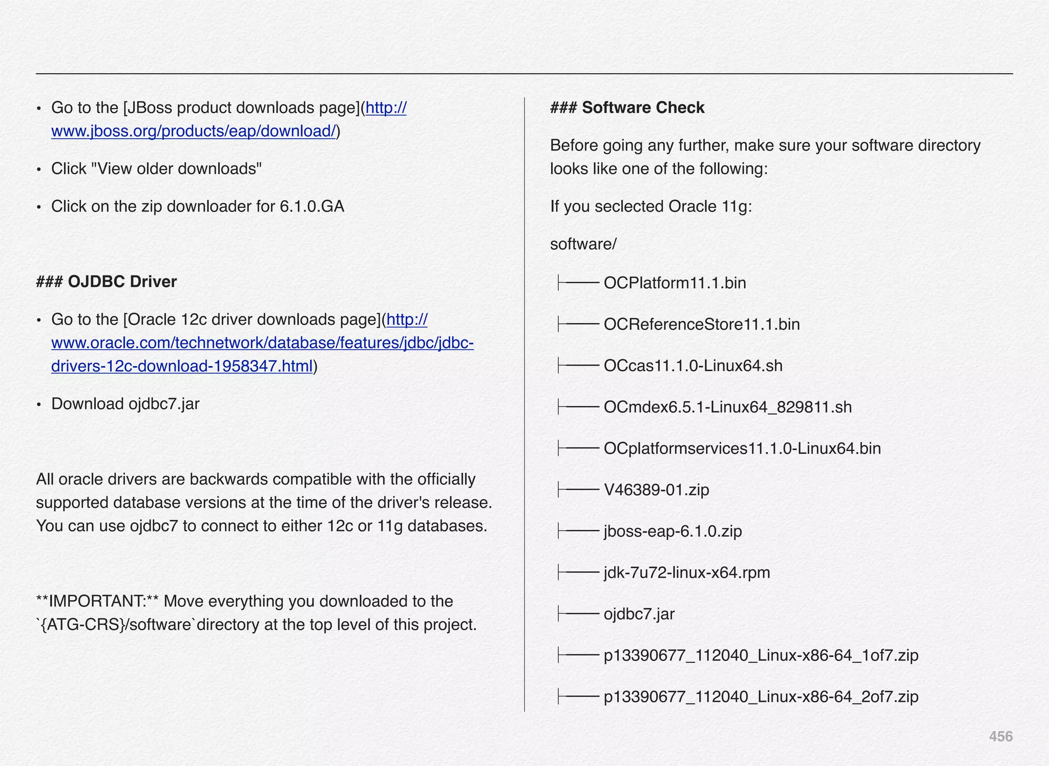 456
• Go to the [JBoss product downloads page](http://
www.jboss.org/products/eap/download/)
• Click "View older downloads"
• Click on the zip downloader for 6.1.0.GA
### OJDBC Driver
• Go to the [Oracle 12c driver downloads page](http://
www.oracle.com/technetwork/database/features/jdbc/jdbc-
drivers-12c-download-1958347.html)
• Download ojdbc7.jar
All oracle drivers are backwards compatible with the ofﬁcially
supported database versions at the time of the driver's release.
You can use ojdbc7 to connect to either 12c or 11g databases.
**IMPORTANT:** Move everything you downloaded to the
`{ATG-CRS}/software`directory at the top level of this project.
### Software Check
Before going any further, make sure your software directory
looks like one of the following:
If you seclected Oracle 11g:
software/
── OCPlatform11.1.bin
── OCReferenceStore11.1.bin
── OCcas11.1.0-Linux64.sh
── OCmdex6.5.1-Linux64_829811.sh
── OCplatformservices11.1.0-Linux64.bin
── V46389-01.zip
── jboss-eap-6.1.0.zip
── jdk-7u72-linux-x64.rpm
── ojdbc7.jar
── p13390677_112040_Linux-x86-64_1of7.zip
── p13390677_112040_Linux-x86-64_2of7.zip
 
