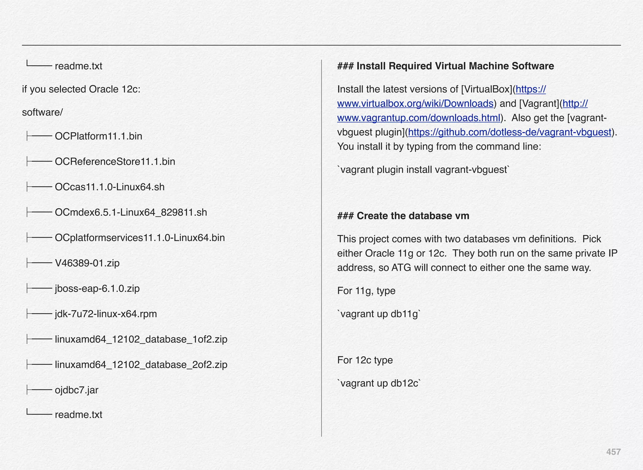 457
└── readme.txt
if you selected Oracle 12c:
software/
── OCPlatform11.1.bin
── OCReferenceStore11.1.bin
── OCcas11.1.0-Linux64.sh
── OCmdex6.5.1-Linux64_829811.sh
── OCplatformservices11.1.0-Linux64.bin
── V46389-01.zip
── jboss-eap-6.1.0.zip
── jdk-7u72-linux-x64.rpm
── linuxamd64_12102_database_1of2.zip
── linuxamd64_12102_database_2of2.zip
── ojdbc7.jar
└── readme.txt
### Install Required Virtual Machine Software
Install the latest versions of [VirtualBox](https://
www.virtualbox.org/wiki/Downloads) and [Vagrant](http://
www.vagrantup.com/downloads.html). Also get the [vagrant-
vbguest plugin](https://github.com/dotless-de/vagrant-vbguest).
You install it by typing from the command line:
`vagrant plugin install vagrant-vbguest`
### Create the database vm
This project comes with two databases vm deﬁnitions. Pick
either Oracle 11g or 12c. They both run on the same private IP
address, so ATG will connect to either one the same way.
For 11g, type
`vagrant up db11g`
For 12c type
`vagrant up db12c`
 