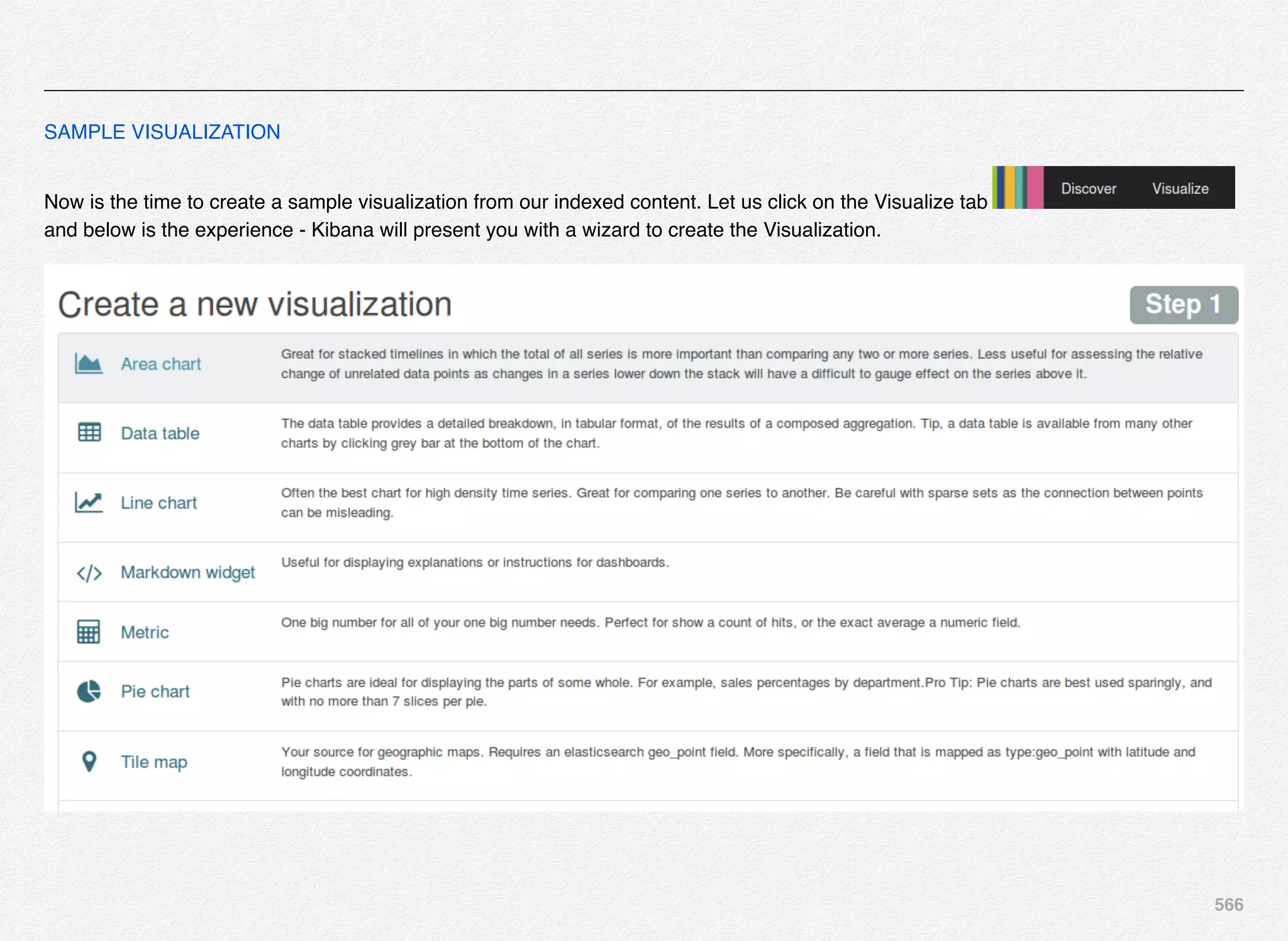 566
SAMPLE VISUALIZATION
Now is the time to create a sample visualization from our indexed content. Let us click on the Visualize tab
and below is the experience - Kibana will present you with a wizard to create the Visualization.
 