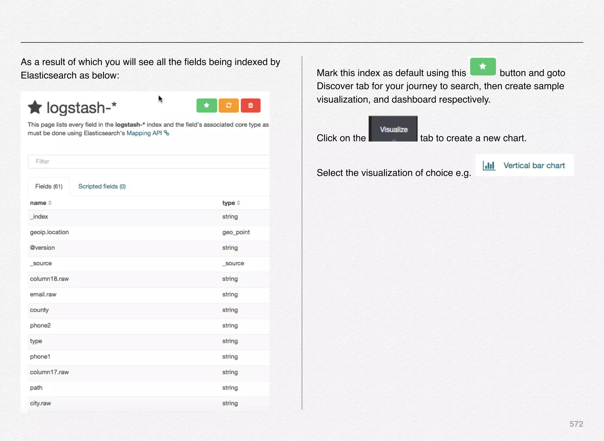 572
As a result of which you will see all the ﬁelds being indexed by
Elasticsearch as below: Mark this index as default using this button and goto
Discover tab for your journey to search, then create sample
visualization, and dashboard respectively.
Click on the tab to create a new chart.
Select the visualization of choice e.g.
 