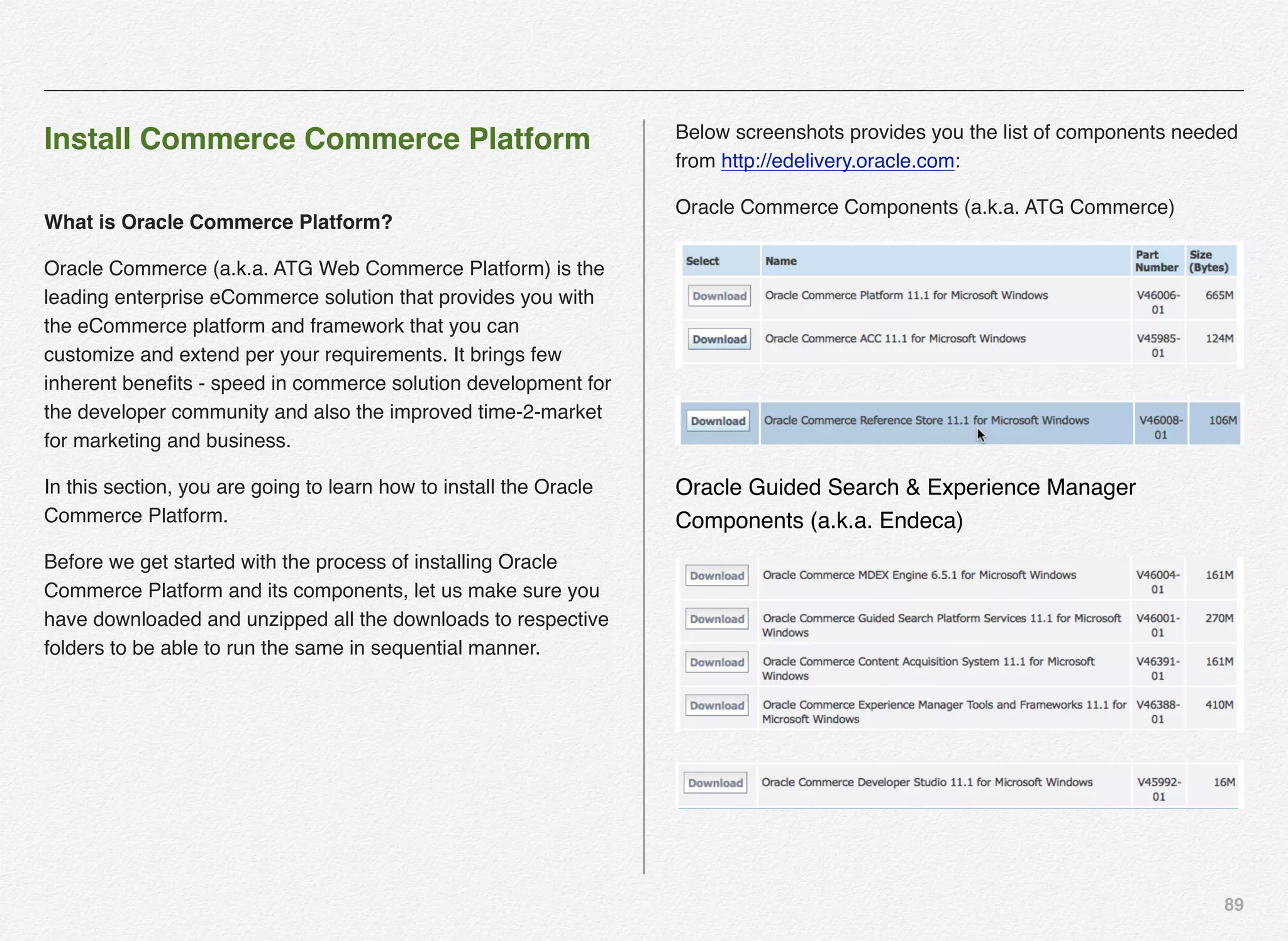 89
Install Commerce Commerce Platform
What is Oracle Commerce Platform?
Oracle Commerce (a.k.a. ATG Web Commerce Platform) is the
leading enterprise eCommerce solution that provides you with
the eCommerce platform and framework that you can
customize and extend per your requirements. It brings few
inherent beneﬁts - speed in commerce solution development for
the developer community and also the improved time-2-market
for marketing and business.
In this section, you are going to learn how to install the Oracle
Commerce Platform.
Before we get started with the process of installing Oracle
Commerce Platform and its components, let us make sure you
have downloaded and unzipped all the downloads to respective
folders to be able to run the same in sequential manner.
Below screenshots provides you the list of components needed
from http://edelivery.oracle.com:
Oracle Commerce Components (a.k.a. ATG Commerce)
Oracle Guided Search & Experience Manager
Components (a.k.a. Endeca)
 