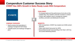 Compendium Customer Success Story

CVENT Has 325% Growth in Sales Ready Leads With Compendium
CHALLENGE:
• To increase leads and the performance of ad units on the
CVENT blog, they needed a dramatic increase in content
• CVENT also needed a way to manage the creation,
workflow, promotion and distribution of content

COMPANY OVERVIEW:
• SaaS company that specializes in
meetings management technology
• 139,000 events and meetings managed in
2012

9

Copyright © 2013, Oracle and/or its affiliates. All rights reserved.

BENEFITS:
• With Compendium, CVENT has created over 9,000 content
elements
• Sales ready leads have grown by 325%
• Named Best Overall Corporate Blog of the Year in 2013 by
the Content Marketing Awards

* Customer Information and Logos Provided by Compendium.

 