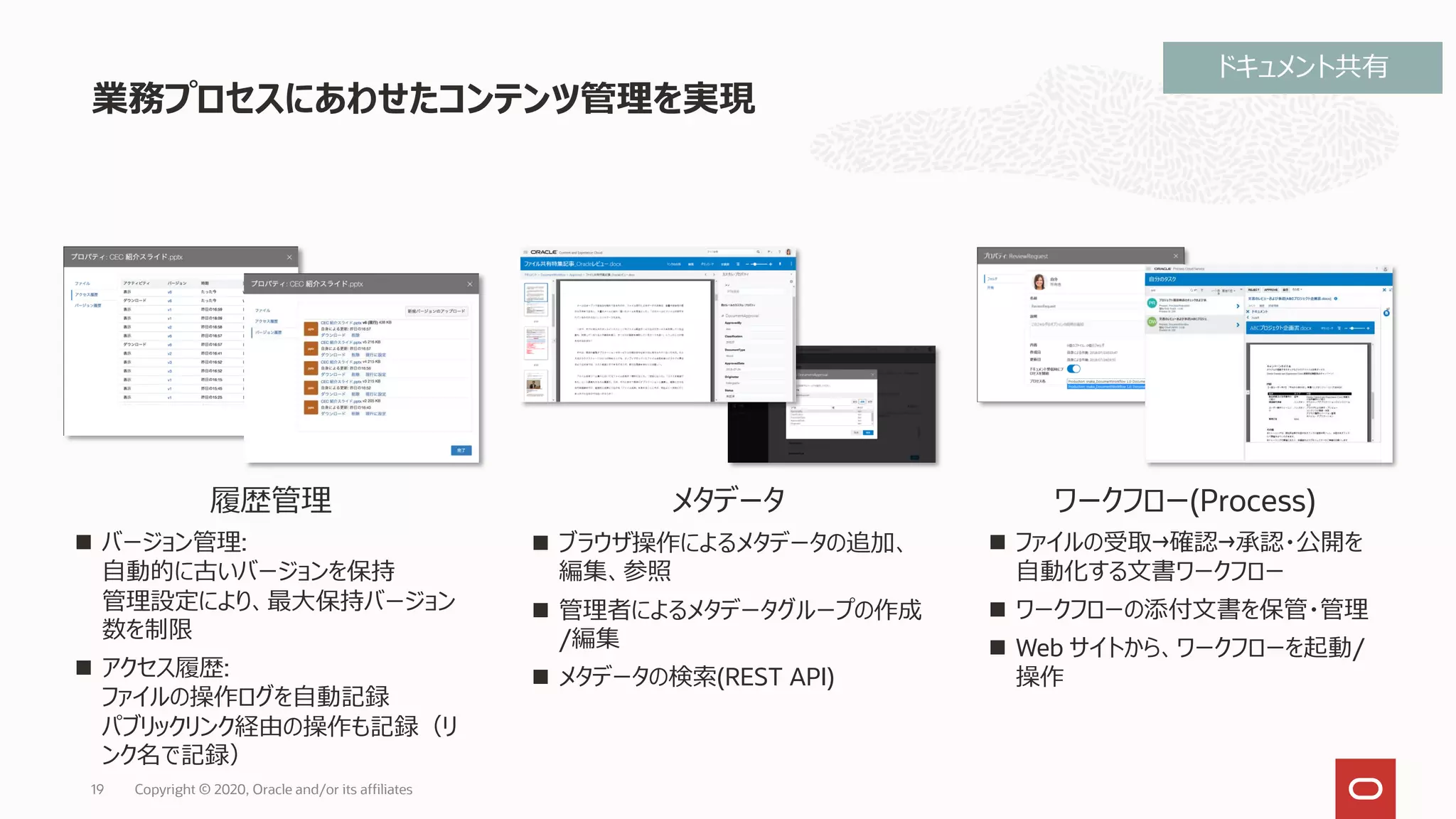 業務プロセスにあわせたコンテンツ管理を実現
19
履歴管理
◼ バージョン管理:
自動的に古いバージョンを保持
管理設定により、最大保持バージョン
数を制限
◼ アクセス履歴:
ファイルの操作ログを自動記録
パブリックリンク経由の操作も記録（リ
ンク名で記録）
メタデータ
◼ ブラウザ操作によるメタデータの追加、
編集、参照
◼ 管理者によるメタデータグループの作成
/編集
◼ メタデータの検索(REST API)
ワークフロー(Process)
◼ ファイルの受取→確認→承認・公開を
自動化する文書ワークフロー
◼ ワークフローの添付文書を保管・管理
◼ Web サイトから、ワークフローを起動/
操作
ドキュメント共有
Copyright © 2020, Oracle and/or its affiliates
 