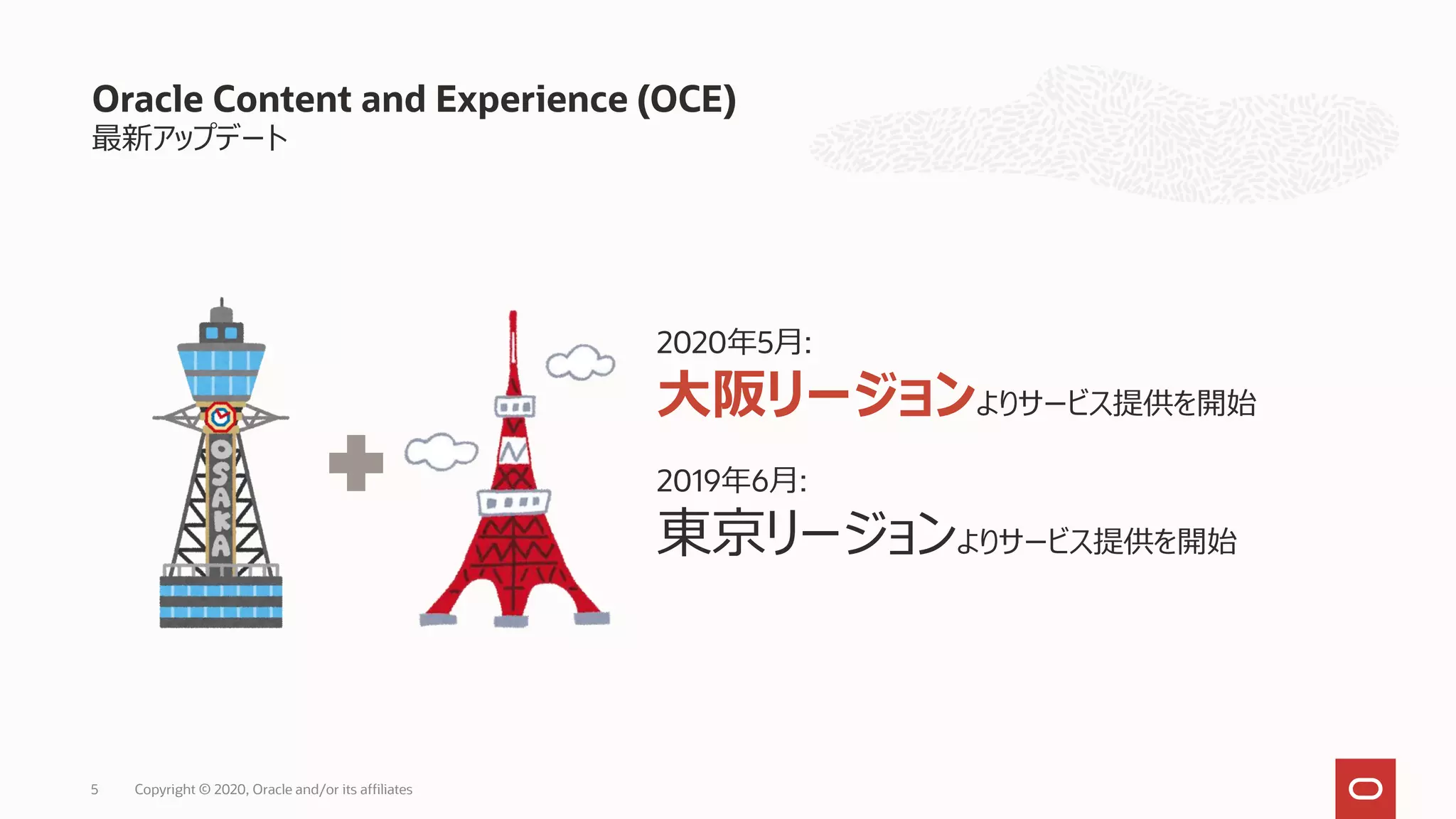 最新アップデート
5 Copyright © 2020, Oracle and/or its affiliates
Oracle Content and Experience (OCE)
2020年5月:
大阪リージョンよりサービス提供を開始
2019年6月:
東京リージョンよりサービス提供を開始
 