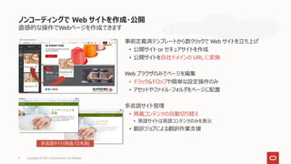 直感的な操作でWebページを作成できます
事前定義済テンプレートから数クリックで Web サイトを立ち上げ
• 公開サイト or セキュアサイトを作成
• 公開サイトを自社ドメインの URL に変換
Web ブラウザのみでページを編集
• ドラック&ドロップや簡単な設定操作のみ
• アセットやファイル・フォルダをページに配置
多言語サイト管理
• 掲載コンテンツの自動切り替え
• 英語サイトは英語コンテンツのみを表示
• 翻訳ジョブによる翻訳作業支援
ノンコーディングで Web サイトを作成・公開
多言語サイト(英語/日本語)
Copyright © 2021, Oracle and/or its affiliates
11
 