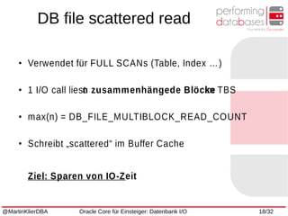 @MartinKlierDBA Oracle Core für Einsteiger: Datenbank I/O 18/32
●
Verwendet für FULL SCANs (Table, Index …)
●
1 I/O call liestn zusammenhängede Blöckeim TBS
●
max(n) = DB_FILE_MULTIBLOCK_READ_COUNT
●
Schreibt „scattered“ im Buffer Cache
Ziel: Sparen von IO-Zeit
DB file scattered read
 