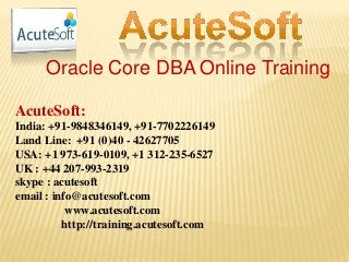 Oracle Core DBA Online Training
AcuteSoft:
India: +91-9848346149, +91-7702226149
Land Line: +91 (0)40 - 42627705
USA: +1 973-619-0109, +1 312-235-6527
UK : +44 207-993-2319
skype : acutesoft
email : info@acutesoft.com
www.acutesoft.com
http://training.acutesoft.com
 