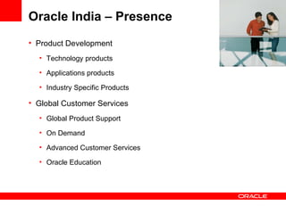 Product Development Technology products Applications products Industry Specific Products Global Customer Services Global Product Support  On Demand Advanced Customer Services Oracle Education Oracle India – Presence 