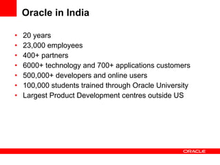 20 years  23,000 employees  400+ partners  6000+ technology and 700+ applications customers  500,000+ developers and online users 100,000 students trained through Oracle University Largest Product Development centres outside US Oracle in India 