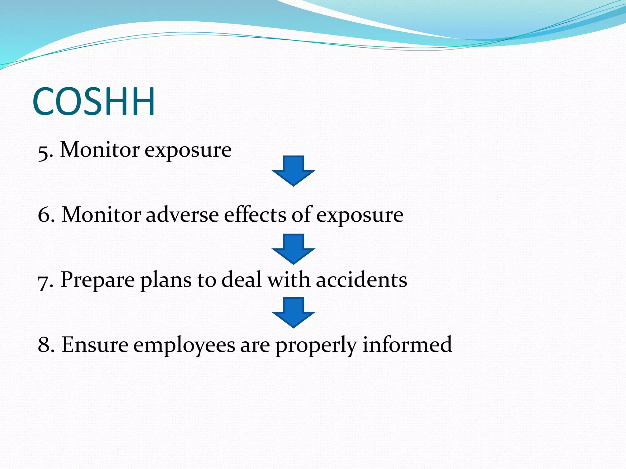 COSHH 
5. Monitor exposure 
6. Monitor adverse effects of exposure 
7. Prepare plans to deal with accidents 
8. Ensure employees are properly informed 
 