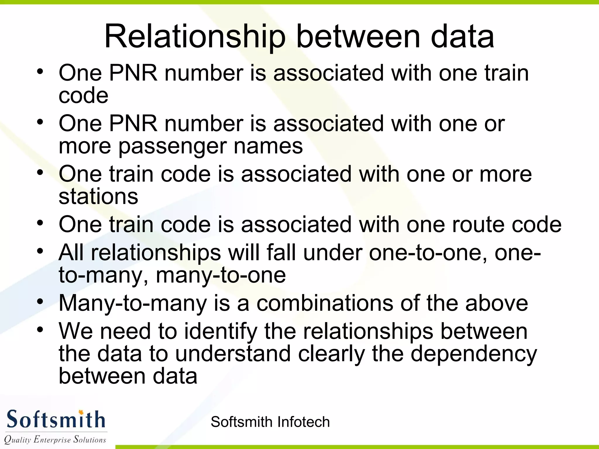 Softsmith Infotech
Relationship between data
• One PNR number is associated with one train
code
• One PNR number is associated with one or
more passenger names
• One train code is associated with one or more
stations
• One train code is associated with one route code
• All relationships will fall under one-to-one, one-
to-many, many-to-one
• Many-to-many is a combinations of the above
• We need to identify the relationships between
the data to understand clearly the dependency
between data
 