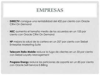EMPRESAS
• DIRECTV consigue una rentabilidad del 432 por ciento con Oracle
CRM On Demand
• NEC aumenta el tamaño medio de los acuerdos en un 153 por
ciento con Oracle CRM On Demand
• HP mejora la salud de la cartera en un 257 por ciento con Siebel
Enterprise Marketing Suite
• Telecom Italia Mobile reduce la fuga de clientes en un 33 por ciento
con Siebel Loyalty Management
• Progress Energy reduce las peticiones de soporte en un 85 por ciento
con Oracle Self-Service E-Billing

 