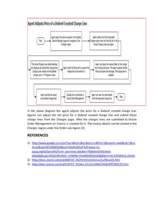 In the above diagram the agent adjusts the price for a Debrief created charge line.
Agents can adjust the net price for a Debrief created charge line and submit these
charge lines from the Charges page. After the charges lines are submitted to Oracle
Order Management an invoice is created for it. The invoice details can be viewed in the
Charges region under the Order sub region [3].
REFERENCES
1) http://www.google.co.in/url?sa=t&rct=j&q=&esrc=s&frm=1&source=web&cd=1&ca
d=rja&ved=0CDMQFjAA&url=http%3A%2F%2Fwww.mi-
oaug.org%2Fprsnt%2Fcrm_overview.doc&ei=YfbdUtetDISGrAeX-
oDwDg&usg=AFQjCNEnAaD_mrWtNv-VnxJMcXXLbrmj9g&bvm=bv.59568121,d.bmk
2) http://docs.oracle.com/cd/A60725_05/html/comnls/us/cs/fdsvc01.htm
3) http://docs.oracle.com/cd/E18727_01/doc.121/e13496/T468199T560172.htm
 