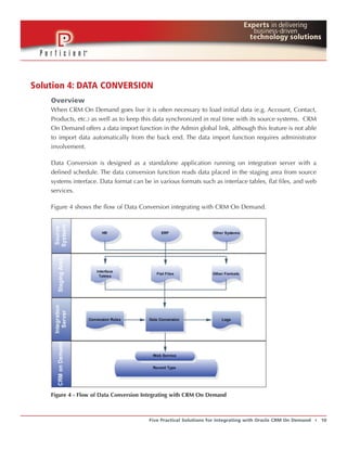 Solution 4: DATA CONVERSION
    Overview
    When CRM On Demand goes live it is often necessary to load initial data (e.g. Account, Contact,
    Products, etc.) as well as to keep this data synchronized in real time with its source systems. CRM
    On Demand offers a data import function in the Admin global link, although this feature is not able
    to import data automatically from the back end. The data import function requires administrator
    involvement.

    Data Conversion is designed as a standalone application running on integration server with a
    defined schedule. The data conversion function reads data placed in the staging area from source
    systems interface. Data format can be in various formats such as interface tables, flat files, and web
    services.

    Figure 4 shows the flow of Data Conversion integrating with CRM On Demand.




    Figure 4 - Flow of Data Conversion Integrating with CRM On Demand



                                         Five Practical Solutions for Integrating with Oracle CRM On Demand   t   10
 