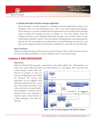 3. Develop and Deploy the Queue Manager Application
         Queue Manager is usually designed as a standalone back-end application running on an
         integration server. It can be developed by Java, .NET or any other programming language.
         Queue Manager is executed at defined intervals determined by how quickly Queue Manager
         needs to process the message sent from a workflow (i.e. every five minutes). There are
         scheduler tools that can be integrated with Queue Manager, such as Quartz written in Java
         and Windows Scheduler written in .NET. Error reports with detailed data can be generated into
         log files and then sent notification to administrators for troubleshooting and correction. Log
         files can be configured as daily archived logs or published at a web URL for easy download.

    Best Practices
    Deploy one Queue Manager instance to process one event queue. There can be more than one type
    of event from different workflows as long as workflow name is part of the message.

Solution 2: WEB INTEGRATION
    Overview
    CRM On Demand offers powerful customization in the Admin global link. Administrators can
    create new custom Web Link fields and custom buttons in a web applet. These web links and
    custom buttons enable CRM On
    Demand to provide an entry for
    custom web application out of CRM
    On Demand. The custom web
    application can be triggered with
    parameters passed from the current
    row of the record type when a user
    clicks a web link or a custom button.
    Web integration is typically used in
    scenarios where user interaction is
    required. Figure 3 shows the flow of
    a Web Integration with CRM On
    Demand.




                                           Figure 3 - Flow of a Web Integration with CRM On Demand



                                         Five Practical Solutions for Integrating with Oracle CRM On Demand   t   5
 