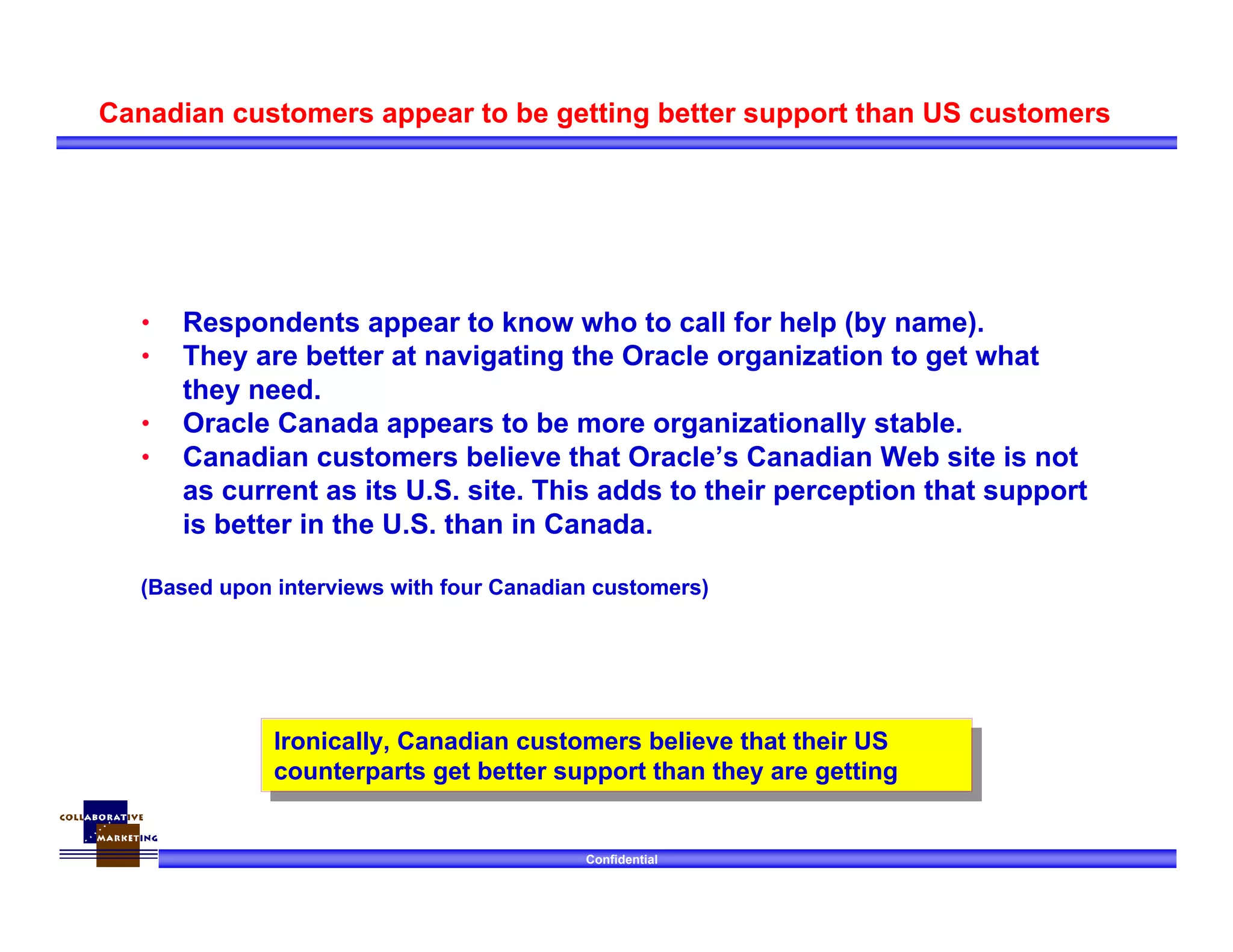 Confidential
Canadian customers appear to be getting better support than US customers
• Respondents appear to know who to call for help (by name).
• They are better at navigating the Oracle organization to get what
they need.
• Oracle Canada appears to be more organizationally stable.
• Canadian customers believe that Oracle’s Canadian Web site is not
as current as its U.S. site. This adds to their perception that support
is better in the U.S. than in Canada.
(Based upon interviews with four Canadian customers)
Ironically, Canadian customers believe that their US
counterparts get better support than they are getting
Ironically, Canadian customers believe that their US
counterparts get better support than they are getting
 