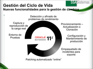 Gestión del Ciclo de Vida  Nuevas funcionalidades para la gestión de cambios Captura y reproducción de la carga real Entorno de Pruebas Detección y afinado de problemas de rendimiento Empaquetado de incidentes para soporte Patching automatizado “online” Configuración y Mantenimiento de producción Provisionamiento – Actualización o  Clonación 