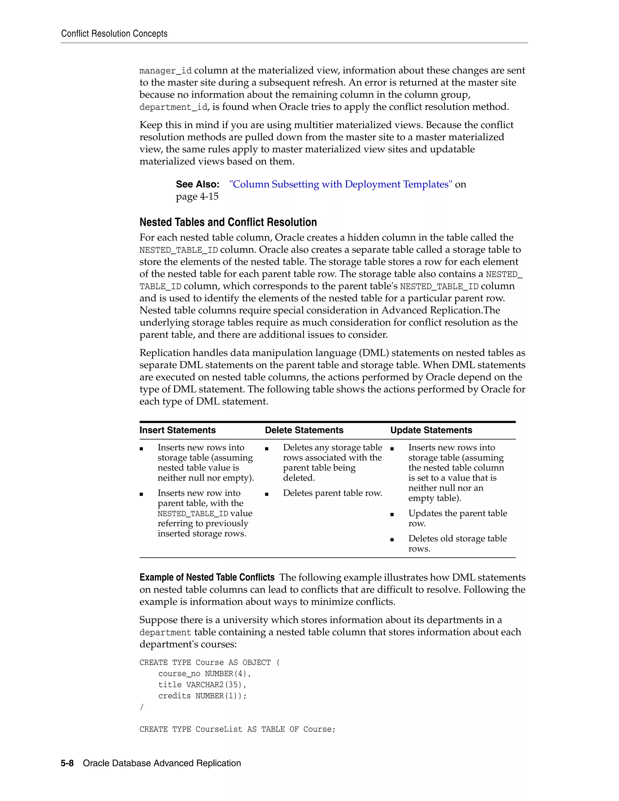 Conflict Resolution Concepts 5-8 Oracle Database Advanced Replication manager_id column at the materialized view, information about these changes are sent to the master site during a subsequent refresh. An error is returned at the master site because no information about the remaining column in the column group, department_id, is found when Oracle tries to apply the conflict resolution method. Keep this in mind if you are using multitier materialized views. Because the conflict resolution methods are pulled down from the master site to a master materialized view, the same rules apply to master materialized view sites and updatable materialized views based on them. Nested Tables and Conflict Resolution For each nested table column, Oracle creates a hidden column in the table called the NESTED_TABLE_ID column. Oracle also creates a separate table called a storage table to store the elements of the nested table. The storage table stores a row for each element of the nested table for each parent table row. The storage table also contains a NESTED_ TABLE_ID column, which corresponds to the parent table's NESTED_TABLE_ID column and is used to identify the elements of the nested table for a particular parent row. Nested table columns require special consideration in Advanced Replication.The underlying storage tables require as much consideration for conflict resolution as the parent table, and there are additional issues to consider. Replication handles data manipulation language (DML) statements on nested tables as separate DML statements on the parent table and storage table. When DML statements are executed on nested table columns, the actions performed by Oracle depend on the type of DML statement. The following table shows the actions performed by Oracle for each type of DML statement. Example of Nested Table Conflicts The following example illustrates how DML statements on nested table columns can lead to conflicts that are difficult to resolve. Following the example is information about ways to minimize conflicts. Suppose there is a university which stores information about its departments in a department table containing a nested table column that stores information about each department's courses: CREATE TYPE Course AS OBJECT ( course_no NUMBER(4), title VARCHAR2(35), credits NUMBER(1)); / CREATE TYPE CourseList AS TABLE OF Course; See Also: "Column Subsetting with Deployment Templates" on page 4-15 Insert Statements Delete Statements Update Statements ■ Inserts new rows into storage table (assuming nested table value is neither null nor empty). ■ Inserts new row into parent table, with the NESTED_TABLE_ID value referring to previously inserted storage rows. ■ Deletes any storage table rows associated with the parent table being deleted. ■ Deletes parent table row. ■ Inserts new rows into storage table (assuming the nested table column is set to a value that is neither null nor an empty table). ■ Updates the parent table row. ■ Deletes old storage table rows. 