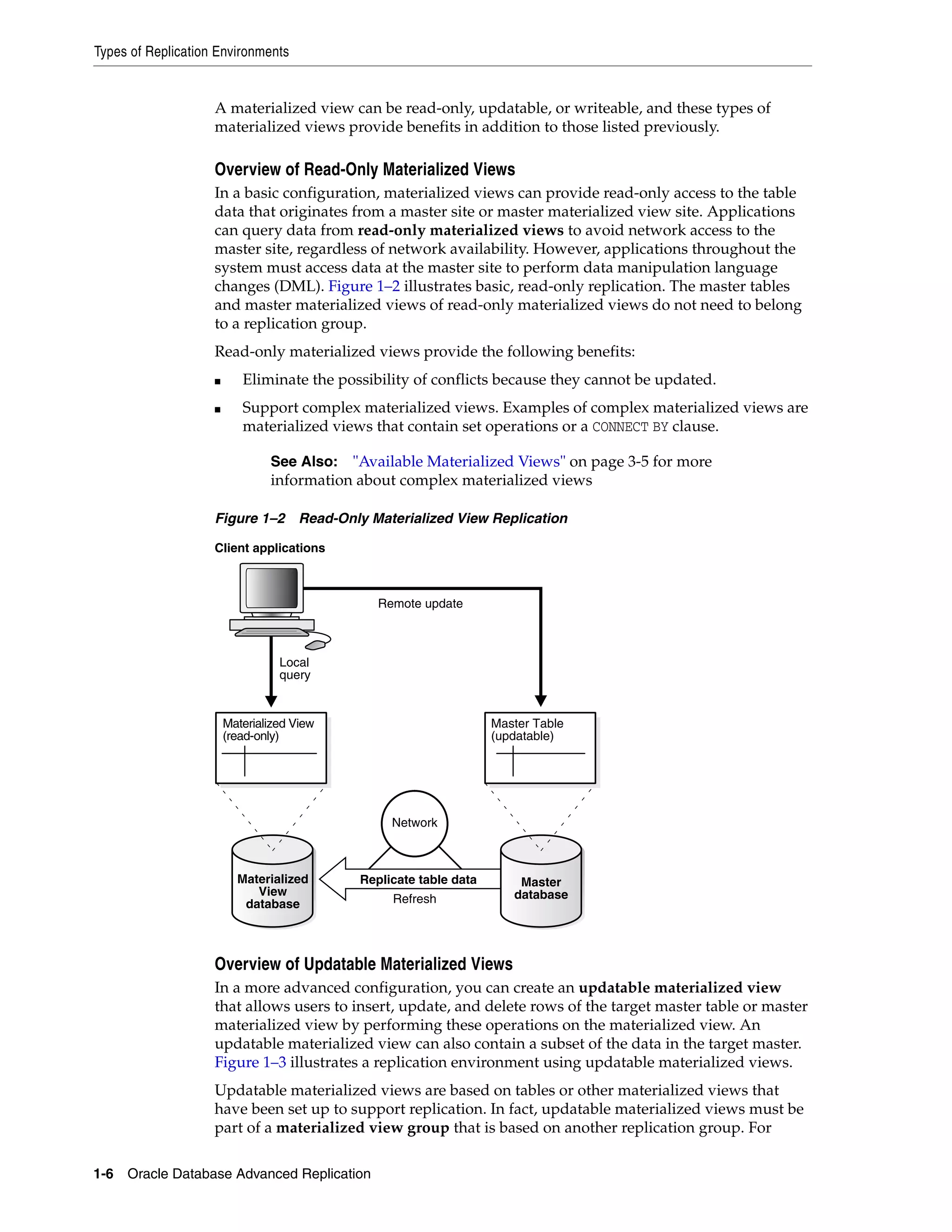 Types of Replication Environments 1-6 Oracle Database Advanced Replication A materialized view can be read-only, updatable, or writeable, and these types of materialized views provide benefits in addition to those listed previously. Overview of Read-Only Materialized Views In a basic configuration, materialized views can provide read-only access to the table data that originates from a master site or master materialized view site. Applications can query data from read-only materialized views to avoid network access to the master site, regardless of network availability. However, applications throughout the system must access data at the master site to perform data manipulation language changes (DML). Figure 1–2 illustrates basic, read-only replication. The master tables and master materialized views of read-only materialized views do not need to belong to a replication group. Read-only materialized views provide the following benefits: ■ Eliminate the possibility of conflicts because they cannot be updated. ■ Support complex materialized views. Examples of complex materialized views are materialized views that contain set operations or a CONNECT BY clause. Figure 1–2 Read-Only Materialized View Replication Overview of Updatable Materialized Views In a more advanced configuration, you can create an updatable materialized view that allows users to insert, update, and delete rows of the target master table or master materialized view by performing these operations on the materialized view. An updatable materialized view can also contain a subset of the data in the target master. Figure 1–3 illustrates a replication environment using updatable materialized views. Updatable materialized views are based on tables or other materialized views that have been set up to support replication. In fact, updatable materialized views must be part of a materialized view group that is based on another replication group. For See Also: "Available Materialized Views" on page 3-5 for more information about complex materialized views Replicate table data Network Refresh Materialized View (read-only) Master database Master Table (updatable) Client applications Remote update Local query Materialized View database 