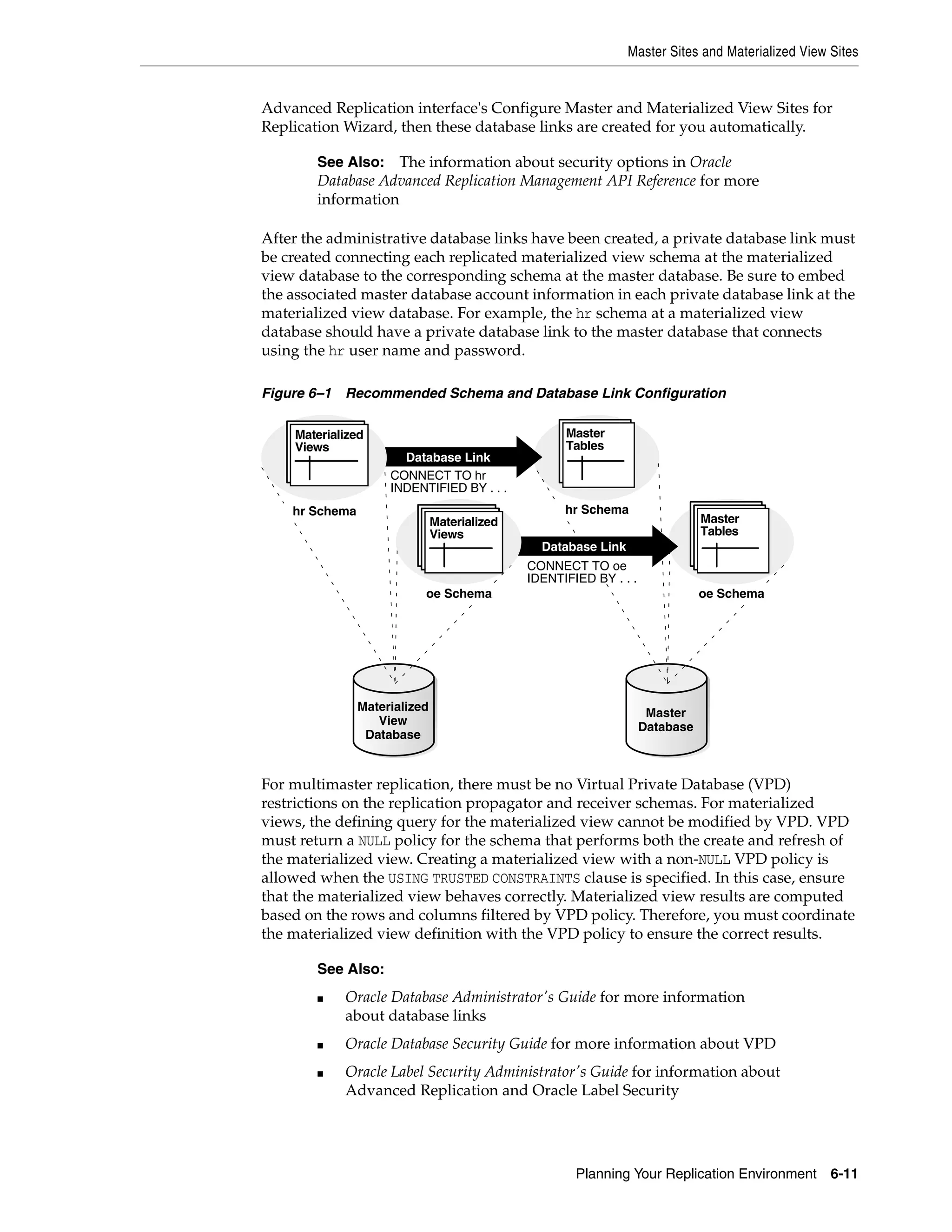 Master Sites and Materialized View Sites Planning Your Replication Environment 6-11 Advanced Replication interface's Configure Master and Materialized View Sites for Replication Wizard, then these database links are created for you automatically. After the administrative database links have been created, a private database link must be created connecting each replicated materialized view schema at the materialized view database to the corresponding schema at the master database. Be sure to embed the associated master database account information in each private database link at the materialized view database. For example, the hr schema at a materialized view database should have a private database link to the master database that connects using the hr user name and password. Figure 6–1 Recommended Schema and Database Link Configuration For multimaster replication, there must be no Virtual Private Database (VPD) restrictions on the replication propagator and receiver schemas. For materialized views, the defining query for the materialized view cannot be modified by VPD. VPD must return a NULL policy for the schema that performs both the create and refresh of the materialized view. Creating a materialized view with a non-NULL VPD policy is allowed when the USING TRUSTED CONSTRAINTS clause is specified. In this case, ensure that the materialized view behaves correctly. Materialized view results are computed based on the rows and columns filtered by VPD policy. Therefore, you must coordinate the materialized view definition with the VPD policy to ensure the correct results. See Also: The information about security options in Oracle Database Advanced Replication Management API Reference for more information See Also: ■ Oracle Database Administrator's Guide for more information about database links ■ Oracle Database Security Guide for more information about VPD ■ Oracle Label Security Administrator's Guide for information about Advanced Replication and Oracle Label Security Materialized View Database Master Database Database Link SnapshotsMaterialized Views SnapshotsMaster Tables SnapshotsSnapshotsMaster Tables CONNECT TO hr INDENTIFIED BY . . . CONNECT TO oe IDENTIFIED BY . . . Database Link Snapshots SnapshotsMaterialized Views hr Schema hr Schema oe Schemaoe Schema 