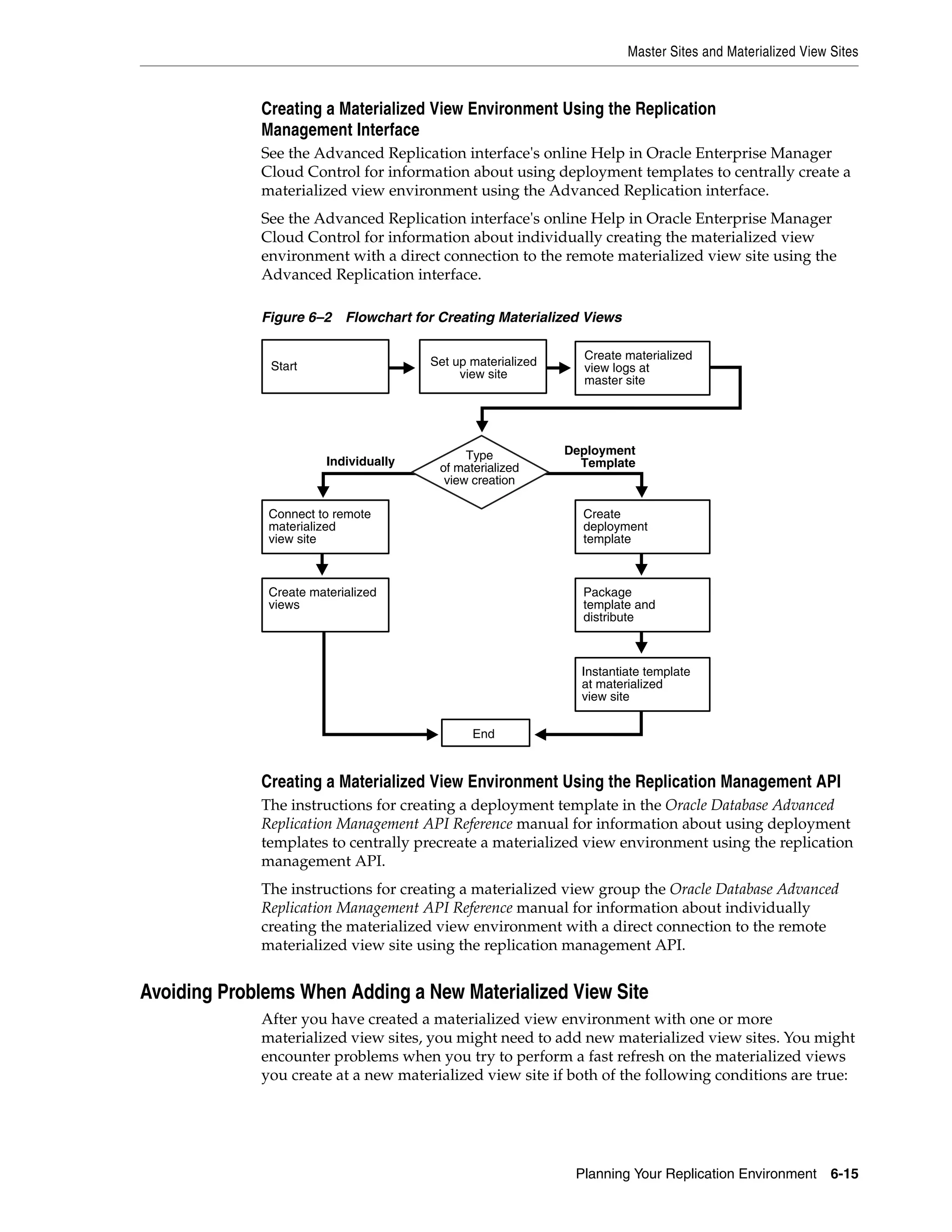 Master Sites and Materialized View Sites Planning Your Replication Environment 6-15 Creating a Materialized View Environment Using the Replication Management Interface See the Advanced Replication interface's online Help in Oracle Enterprise Manager Cloud Control for information about using deployment templates to centrally create a materialized view environment using the Advanced Replication interface. See the Advanced Replication interface's online Help in Oracle Enterprise Manager Cloud Control for information about individually creating the materialized view environment with a direct connection to the remote materialized view site using the Advanced Replication interface. Figure 6–2 Flowchart for Creating Materialized Views Creating a Materialized View Environment Using the Replication Management API The instructions for creating a deployment template in the Oracle Database Advanced Replication Management API Reference manual for information about using deployment templates to centrally precreate a materialized view environment using the replication management API. The instructions for creating a materialized view group the Oracle Database Advanced Replication Management API Reference manual for information about individually creating the materialized view environment with a direct connection to the remote materialized view site using the replication management API. Avoiding Problems When Adding a New Materialized View Site After you have created a materialized view environment with one or more materialized view sites, you might need to add new materialized view sites. You might encounter problems when you try to perform a fast refresh on the materialized views you create at a new materialized view site if both of the following conditions are true: Deployment Template Type of materialized view creation Start Create materialized view logs at master site Set up materialized view site End Create deployment template Package template and distribute Instantiate template at materialized view site Connect to remote materialized view site Create materialized views Individually 