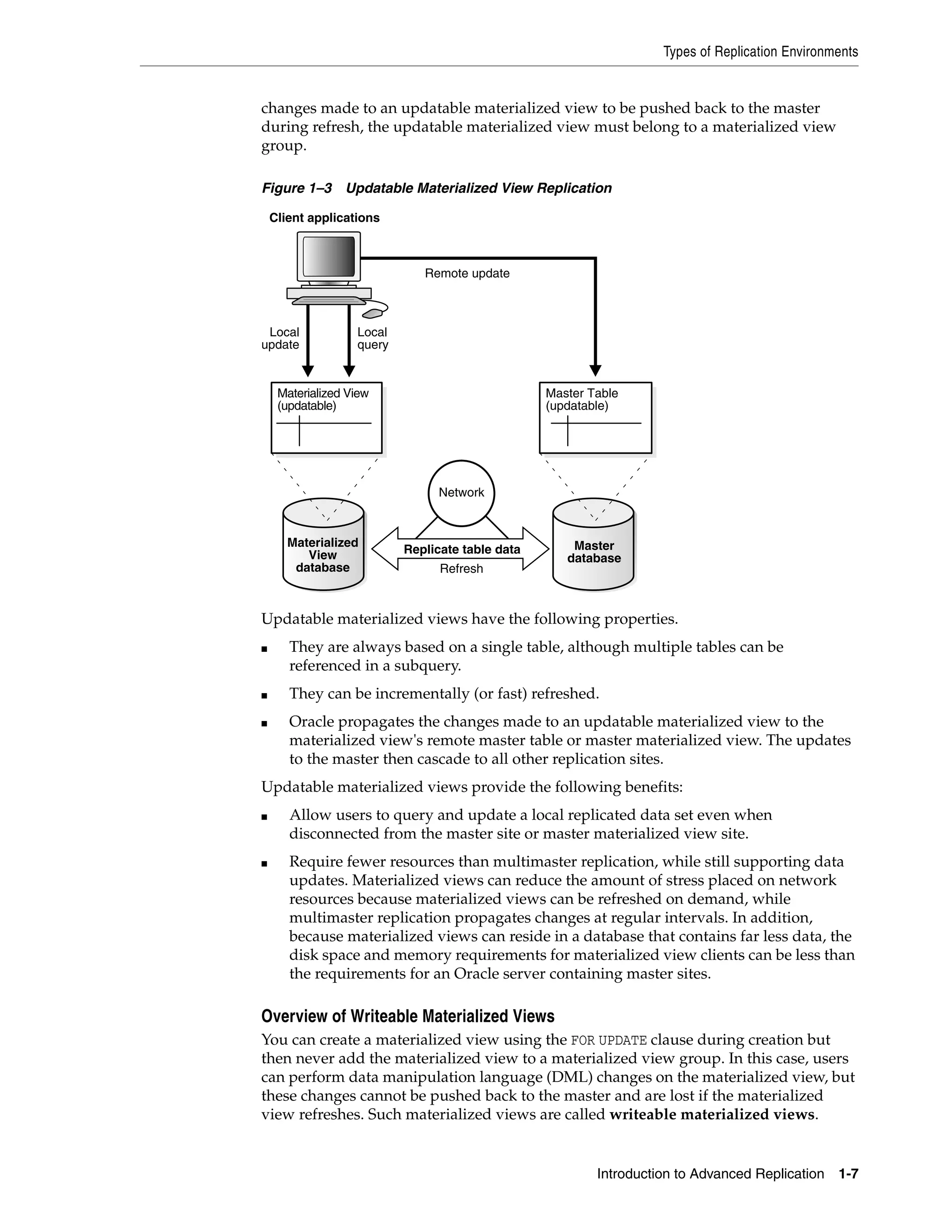 Types of Replication Environments Introduction to Advanced Replication 1-7 changes made to an updatable materialized view to be pushed back to the master during refresh, the updatable materialized view must belong to a materialized view group. Figure 1–3 Updatable Materialized View Replication Updatable materialized views have the following properties. ■ They are always based on a single table, although multiple tables can be referenced in a subquery. ■ They can be incrementally (or fast) refreshed. ■ Oracle propagates the changes made to an updatable materialized view to the materialized view's remote master table or master materialized view. The updates to the master then cascade to all other replication sites. Updatable materialized views provide the following benefits: ■ Allow users to query and update a local replicated data set even when disconnected from the master site or master materialized view site. ■ Require fewer resources than multimaster replication, while still supporting data updates. Materialized views can reduce the amount of stress placed on network resources because materialized views can be refreshed on demand, while multimaster replication propagates changes at regular intervals. In addition, because materialized views can reside in a database that contains far less data, the disk space and memory requirements for materialized view clients can be less than the requirements for an Oracle server containing master sites. Overview of Writeable Materialized Views You can create a materialized view using the FOR UPDATE clause during creation but then never add the materialized view to a materialized view group. In this case, users can perform data manipulation language (DML) changes on the materialized view, but these changes cannot be pushed back to the master and are lost if the materialized view refreshes. Such materialized views are called writeable materialized views. Replicate table data Network Refresh Materialized View database Materialized View (updatable) Master database Master Table (updatable) Client applications Remote update Local query Local update 
