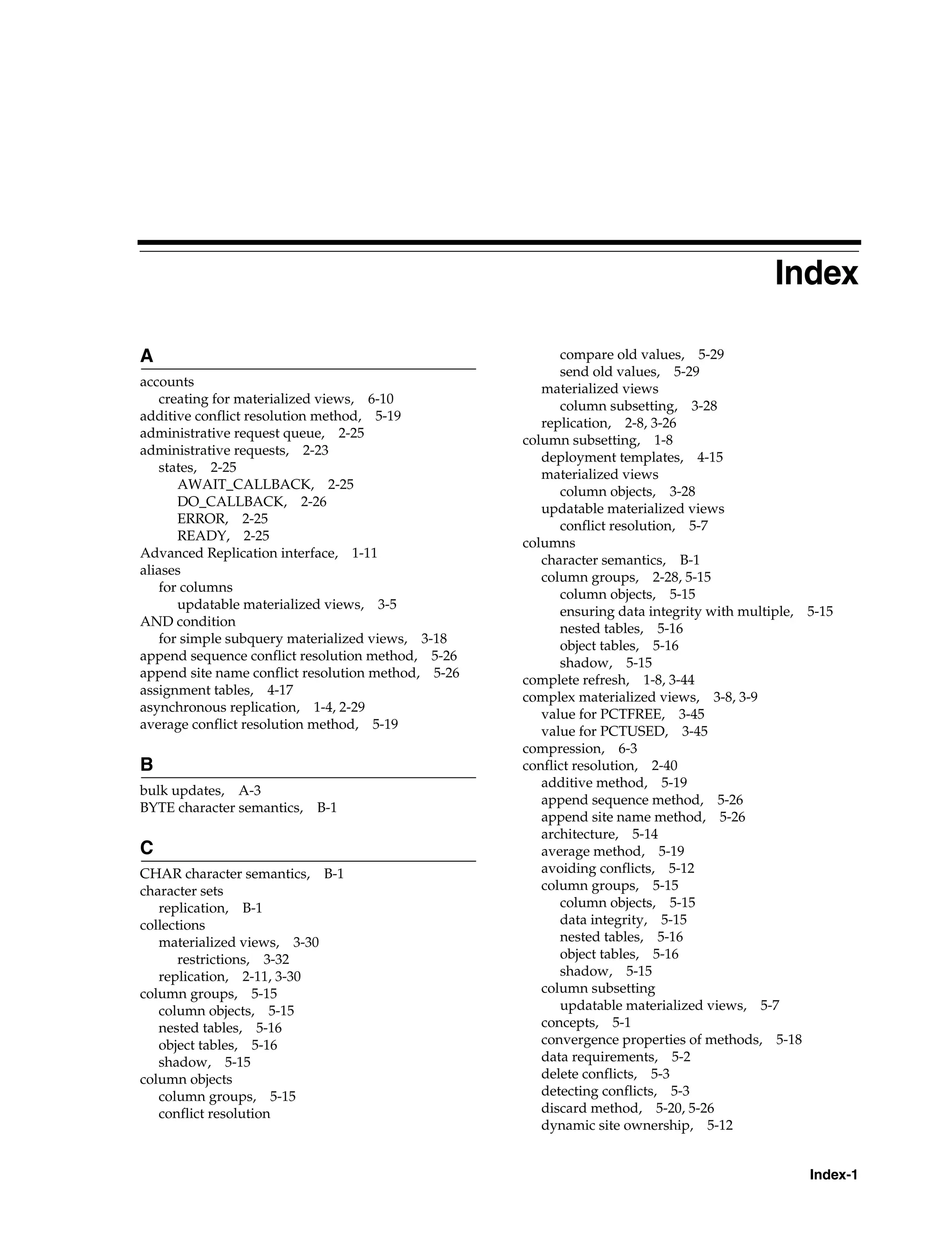Index-1 Index A accounts creating for materialized views, 6-10 additive conflict resolution method, 5-19 administrative request queue, 2-25 administrative requests, 2-23 states, 2-25 AWAIT_CALLBACK, 2-25 DO_CALLBACK, 2-26 ERROR, 2-25 READY, 2-25 Advanced Replication interface, 1-11 aliases for columns updatable materialized views, 3-5 AND condition for simple subquery materialized views, 3-18 append sequence conflict resolution method, 5-26 append site name conflict resolution method, 5-26 assignment tables, 4-17 asynchronous replication, 1-4, 2-29 average conflict resolution method, 5-19 B bulk updates, A-3 BYTE character semantics, B-1 C CHAR character semantics, B-1 character sets replication, B-1 collections materialized views, 3-30 restrictions, 3-32 replication, 2-11, 3-30 column groups, 5-15 column objects, 5-15 nested tables, 5-16 object tables, 5-16 shadow, 5-15 column objects column groups, 5-15 conflict resolution compare old values, 5-29 send old values, 5-29 materialized views column subsetting, 3-28 replication, 2-8, 3-26 column subsetting, 1-8 deployment templates, 4-15 materialized views column objects, 3-28 updatable materialized views conflict resolution, 5-7 columns character semantics, B-1 column groups, 2-28, 5-15 column objects, 5-15 ensuring data integrity with multiple, 5-15 nested tables, 5-16 object tables, 5-16 shadow, 5-15 complete refresh, 1-8, 3-44 complex materialized views, 3-8, 3-9 value for PCTFREE, 3-45 value for PCTUSED, 3-45 compression, 6-3 conflict resolution, 2-40 additive method, 5-19 append sequence method, 5-26 append site name method, 5-26 architecture, 5-14 average method, 5-19 avoiding conflicts, 5-12 column groups, 5-15 column objects, 5-15 data integrity, 5-15 nested tables, 5-16 object tables, 5-16 shadow, 5-15 column subsetting updatable materialized views, 5-7 concepts, 5-1 convergence properties of methods, 5-18 data requirements, 5-2 delete conflicts, 5-3 detecting conflicts, 5-3 discard method, 5-20, 5-26 dynamic site ownership, 5-12 