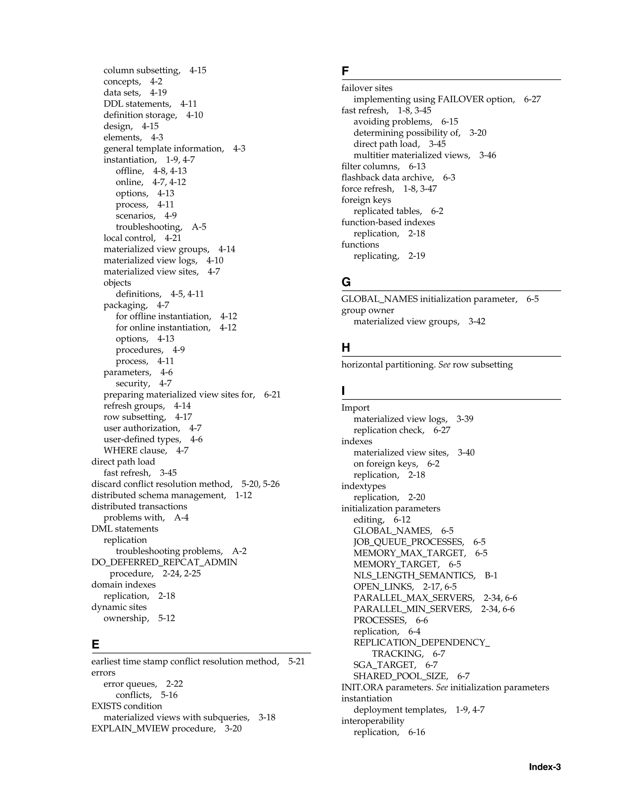 Index-3 column subsetting, 4-15 concepts, 4-2 data sets, 4-19 DDL statements, 4-11 definition storage, 4-10 design, 4-15 elements, 4-3 general template information, 4-3 instantiation, 1-9, 4-7 offline, 4-8, 4-13 online, 4-7, 4-12 options, 4-13 process, 4-11 scenarios, 4-9 troubleshooting, A-5 local control, 4-21 materialized view groups, 4-14 materialized view logs, 4-10 materialized view sites, 4-7 objects definitions, 4-5, 4-11 packaging, 4-7 for offline instantiation, 4-12 for online instantiation, 4-12 options, 4-13 procedures, 4-9 process, 4-11 parameters, 4-6 security, 4-7 preparing materialized view sites for, 6-21 refresh groups, 4-14 row subsetting, 4-17 user authorization, 4-7 user-defined types, 4-6 WHERE clause, 4-7 direct path load fast refresh, 3-45 discard conflict resolution method, 5-20, 5-26 distributed schema management, 1-12 distributed transactions problems with, A-4 DML statements replication troubleshooting problems, A-2 DO_DEFERRED_REPCAT_ADMIN procedure, 2-24, 2-25 domain indexes replication, 2-18 dynamic sites ownership, 5-12 E earliest time stamp conflict resolution method, 5-21 errors error queues, 2-22 conflicts, 5-16 EXISTS condition materialized views with subqueries, 3-18 EXPLAIN_MVIEW procedure, 3-20 F failover sites implementing using FAILOVER option, 6-27 fast refresh, 1-8, 3-45 avoiding problems, 6-15 determining possibility of, 3-20 direct path load, 3-45 multitier materialized views, 3-46 filter columns, 6-13 flashback data archive, 6-3 force refresh, 1-8, 3-47 foreign keys replicated tables, 6-2 function-based indexes replication, 2-18 functions replicating, 2-19 G GLOBAL_NAMES initialization parameter, 6-5 group owner materialized view groups, 3-42 H horizontal partitioning. See row subsetting I Import materialized view logs, 3-39 replication check, 6-27 indexes materialized view sites, 3-40 on foreign keys, 6-2 replication, 2-18 indextypes replication, 2-20 initialization parameters editing, 6-12 GLOBAL_NAMES, 6-5 JOB_QUEUE_PROCESSES, 6-5 MEMORY_MAX_TARGET, 6-5 MEMORY_TARGET, 6-5 NLS_LENGTH_SEMANTICS, B-1 OPEN_LINKS, 2-17, 6-5 PARALLEL_MAX_SERVERS, 2-34, 6-6 PARALLEL_MIN_SERVERS, 2-34, 6-6 PROCESSES, 6-6 replication, 6-4 REPLICATION_DEPENDENCY_ TRACKING, 6-7 SGA_TARGET, 6-7 SHARED_POOL_SIZE, 6-7 INIT.ORA parameters. See initialization parameters instantiation deployment templates, 1-9, 4-7 interoperability replication, 6-16 