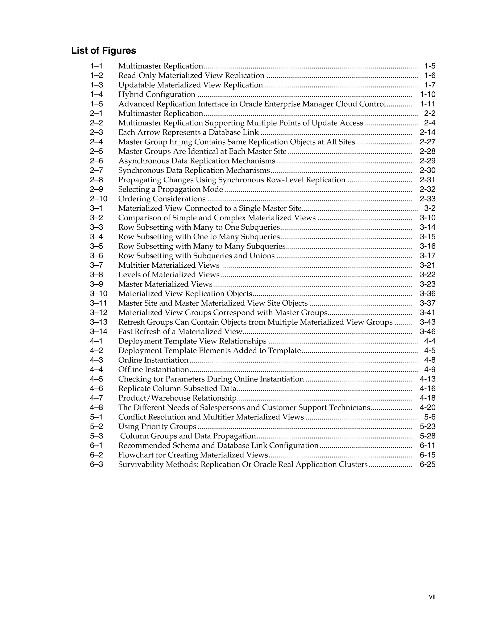 vii List of Figures 1–1 Multimaster Replication............................................................................................................. 1-5 1–2 Read-Only Materialized View Replication ............................................................................. 1-6 1–3 Updatable Materialized View Replication.............................................................................. 1-7 1–4 Hybrid Configuration ............................................................................................................. 1-10 1–5 Advanced Replication Interface in Oracle Enterprise Manager Cloud Control............. 1-11 2–1 Multimaster Replication............................................................................................................. 2-2 2–2 Multimaster Replication Supporting Multiple Points of Update Access ........................... 2-4 2–3 Each Arrow Represents a Database Link ............................................................................. 2-14 2–4 Master Group hr_mg Contains Same Replication Objects at All Sites............................. 2-27 2–5 Master Groups Are Identical at Each Master Site ............................................................... 2-28 2–6 Asynchronous Data Replication Mechanisms..................................................................... 2-29 2–7 Synchronous Data Replication Mechanisms........................................................................ 2-30 2–8 Propagating Changes Using Synchronous Row-Level Replication ................................. 2-31 2–9 Selecting a Propagation Mode ............................................................................................... 2-32 2–10 Ordering Considerations ........................................................................................................ 2-33 3–1 Materialized View Connected to a Single Master Site........................................................... 3-2 3–2 Comparison of Simple and Complex Materialized Views ................................................ 3-10 3–3 Row Subsetting with Many to One Subqueries................................................................... 3-14 3–4 Row Subsetting with One to Many Subqueries................................................................... 3-15 3–5 Row Subsetting with Many to Many Subqueries................................................................ 3-16 3–6 Row Subsetting with Subqueries and Unions ..................................................................... 3-17 3–7 Multitier Materialized Views ................................................................................................ 3-21 3–8 Levels of Materialized Views ................................................................................................. 3-22 3–9 Master Materialized Views..................................................................................................... 3-23 3–10 Materialized View Replication Objects................................................................................. 3-36 3–11 Master Site and Master Materialized View Site Objects .................................................... 3-37 3–12 Materialized View Groups Correspond with Master Groups........................................... 3-41 3–13 Refresh Groups Can Contain Objects from Multiple Materialized View Groups ......... 3-43 3–14 Fast Refresh of a Materialized View...................................................................................... 3-46 4–1 Deployment Template View Relationships ............................................................................ 4-4 4–2 Deployment Template Elements Added to Template........................................................... 4-5 4–3 Online Instantiation.................................................................................................................... 4-8 4–4 Offline Instantiation.................................................................................................................... 4-9 4–5 Checking for Parameters During Online Instantiation ...................................................... 4-13 4–6 Replicate Column-Subsetted Data......................................................................................... 4-16 4–7 Product/Warehouse Relationship......................................................................................... 4-18 4–8 The Different Needs of Salespersons and Customer Support Technicians..................... 4-20 5–1 Conflict Resolution and Multitier Materialized Views ......................................................... 5-6 5–2 Using Priority Groups............................................................................................................. 5-23 5–3 Column Groups and Data Propagation............................................................................... 5-28 6–1 Recommended Schema and Database Link Configuration............................................... 6-11 6–2 Flowchart for Creating Materialized Views......................................................................... 6-15 6–3 Survivability Methods: Replication Or Oracle Real Application Clusters...................... 6-25 
