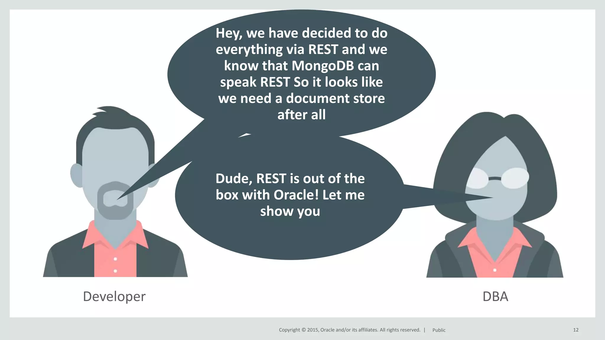 Copyright © 2015, Oracle and/or its affiliates. All rights reserved. | DBADeveloper 12Public Hey, we have decided to do everything via REST and we know that MongoDB can speak REST So it looks like we need a document store after all Dude, REST is out of the box with Oracle! Let me show you 