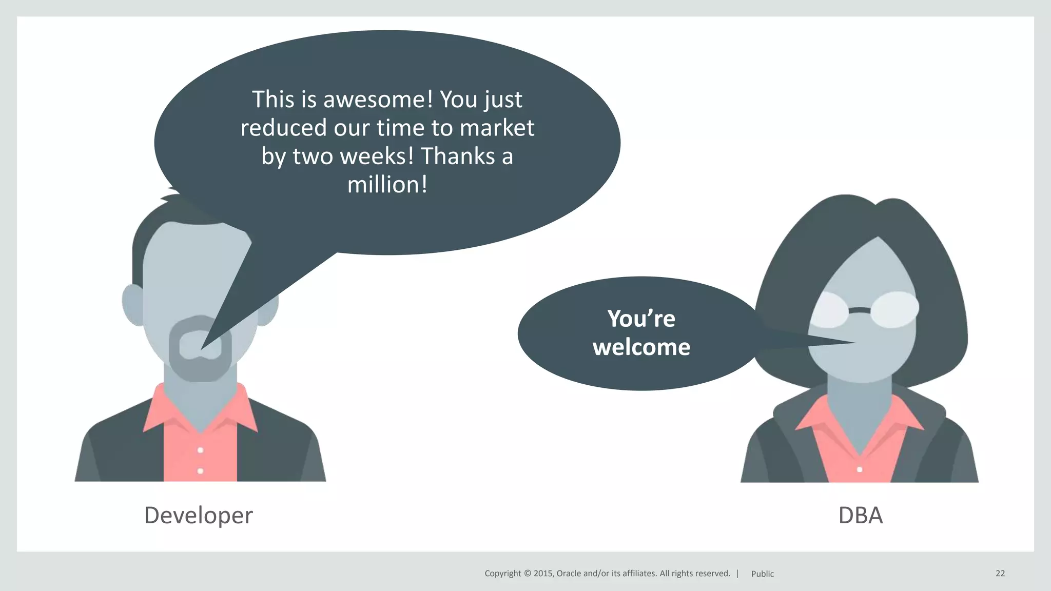 Copyright © 2015, Oracle and/or its affiliates. All rights reserved. | Developer 22Public This is awesome! You just reduced our time to market by two weeks! Thanks a million! DBA You’re welcome 
