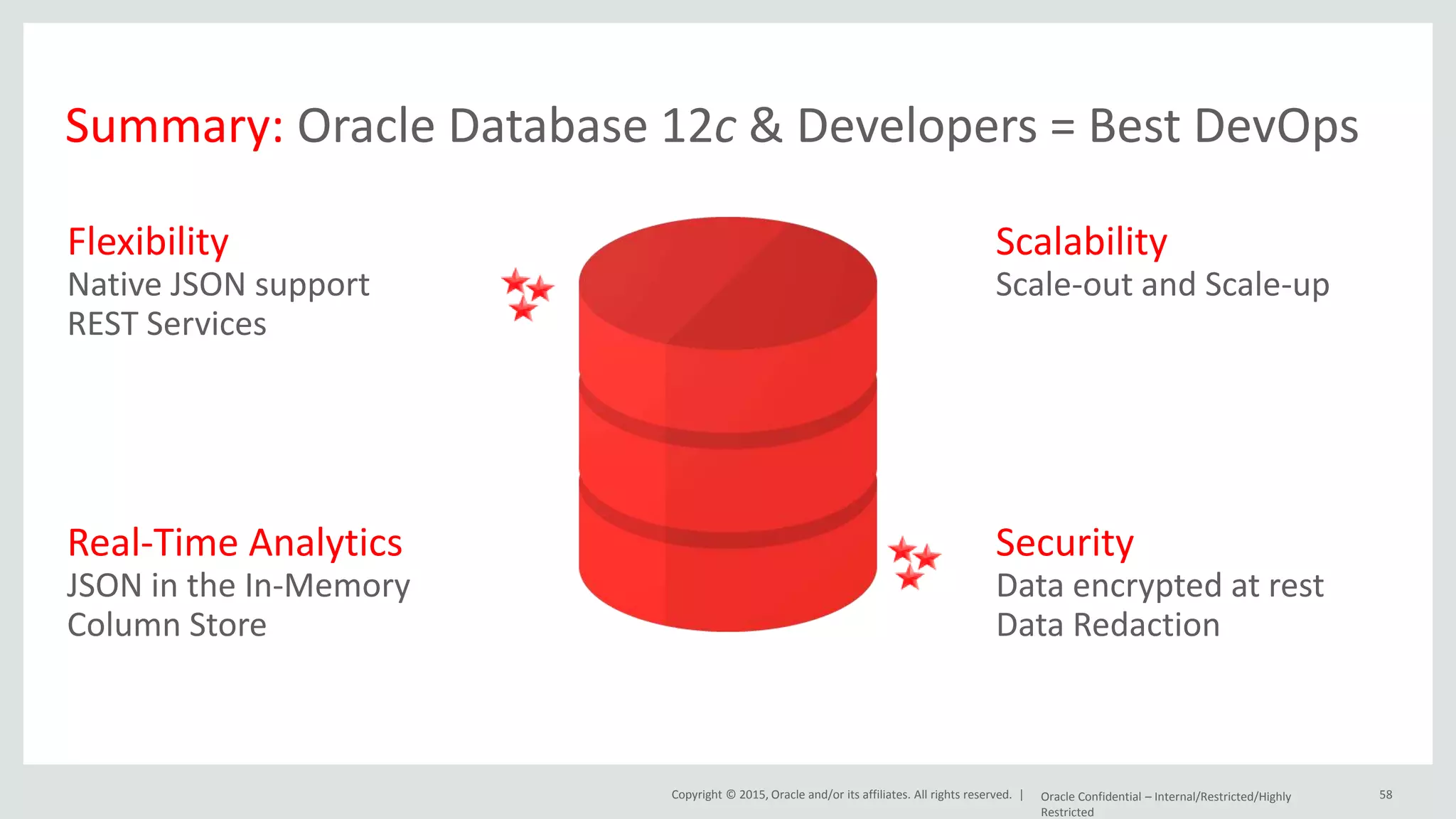 Copyright © 2015, Oracle and/or its affiliates. All rights reserved. | Summary: Oracle Database 12c & Developers = Best DevOps Oracle Confidential – Internal/Restricted/Highly Restricted 58 Flexibility Native JSON support REST Services Scalability Scale-out and Scale-up Real-Time Analytics JSON in the In-Memory Column Store Security Data encrypted at rest Data Redaction 