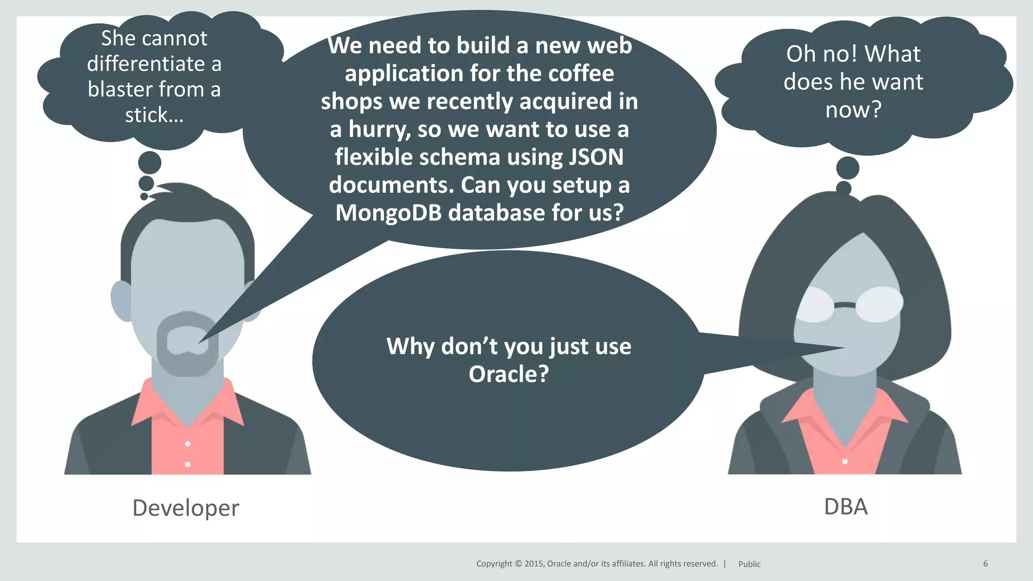 Copyright © 2015, Oracle and/or its affiliates. All rights reserved. | Developer 6Public We need to build a new web application for the coffee shops we recently acquired in a hurry, so we want to use a flexible schema using JSON documents. Can you setup a MongoDB database for us? She cannot differentiate a blaster from a stick… Oh no! What does he want now? DBA Why don’t you just use Oracle? 
