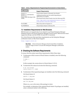 9
7.3 Installation Requirements for Web Browsers
Web browsers are required only if you intend to use Oracle Enterprise Manager
Database Express and Oracle Enterprise Manager Cloud Control. Web browsers must
support JavaScript, and the HTML 4.0 and CSS 1.0 standards.
For a list of browsers that meet these requirements see the Enterprise Manager
certification matrix on My Oracle Support:
https://support.oracle.com
8 Checking the Software Requirements
To ensure that the system meets these requirements, follow these steps:
1. To determine which version of Oracle Solaris is installed, enter the following
command:
# uname -r
5.11
In this example, the version shown is Oracle Solaris 11 (5.11).
2. To determine the release level enter the following command:
# cat /etc/release
Oracle Solaris 11.1 SPARC
3. To determine if the required packages are installed, enter the following command:
On Oracle Solaris 10
pkginfo -i pkg_name
On Oracle Solaris 11
pkg list pkg_name
Where pkg_name is the name of the package to check.
For example, to determine if the required Oracle Solaris 10 packages are installed,
enter a command similar to the following:
Oracle C++
Oracle C++ Call Interface
Pro*C/C++
Oracle XML Developer's Kit
(XDK)
Oracle Solaris Studio 12 (formerly Sun Studio)
Additional patches may be needed depending on
applications you deploy.
Download Oracle Solaris Studio from the following URL:
http://www.oracle.com/technetwork/server-storage/
solarisstudio/overview/index.html
Pro*COBOL Micro Focus Server Express 5.1
Pro*FORTRAN Oracle Solaris Studio 12 (Fortran 95)
See Also: Oracle Enterprise Manager Cloud Control Basic Installation
Guide for steps on how to access the Enterprise Manager certification
matrix
Table 5 (Cont.) Requirements for Programming Environments for Oracle Solaris
Programming
Environments Support Requirements
 
