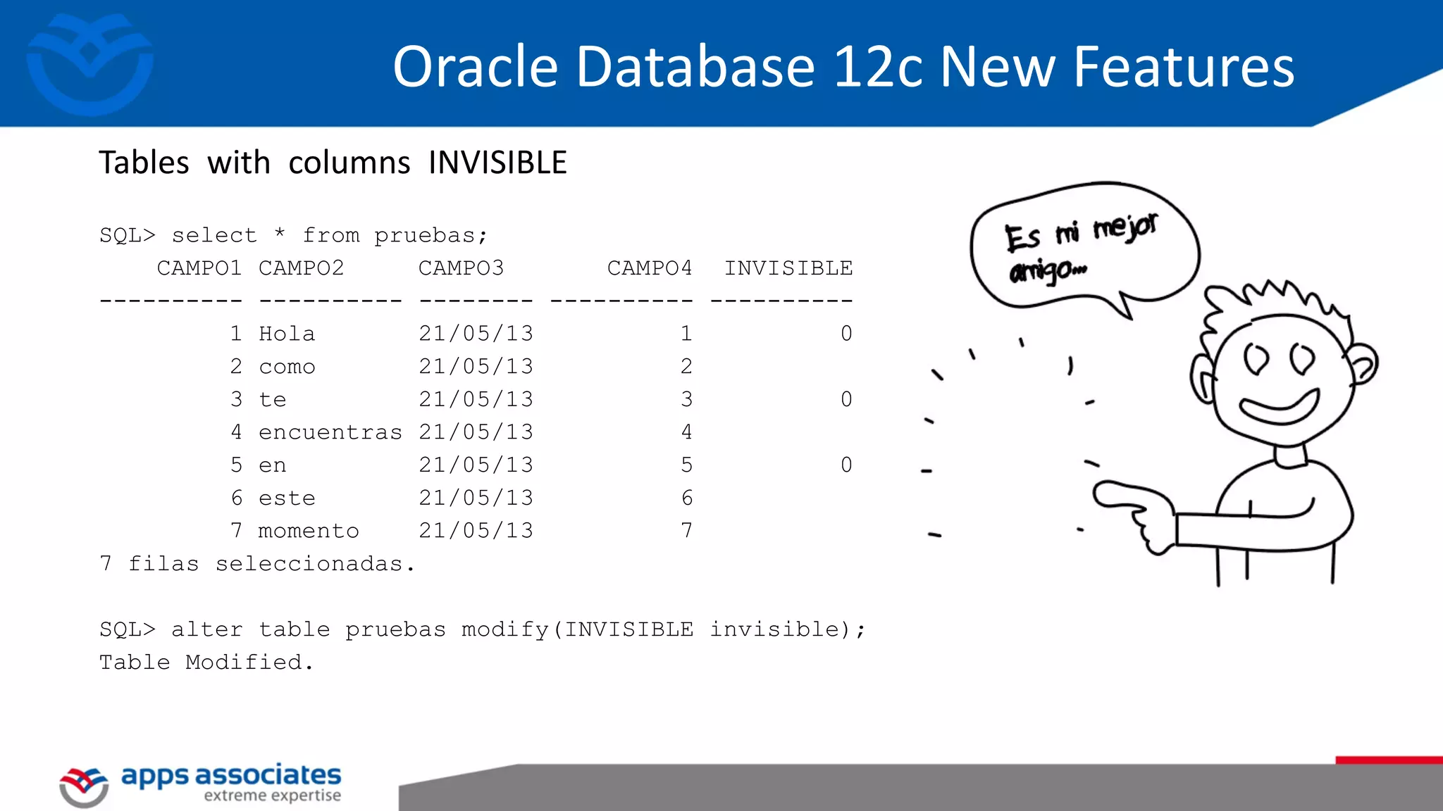 SQL> select * from pruebas; CAMPO1 CAMPO2 CAMPO3 CAMPO4 INVISIBLE ---------- ---------- -------- ---------- ---------- 1 Hola 21/05/13 1 0 2 como 21/05/13 2 3 te 21/05/13 3 0 4 encuentras 21/05/13 4 5 en 21/05/13 5 0 6 este 21/05/13 6 7 momento 21/05/13 7 7 filas seleccionadas. SQL> alter table pruebas modify(INVISIBLE invisible); Table Modified. Oracle Database 12c New Features Tables with columns INVISIBLE 