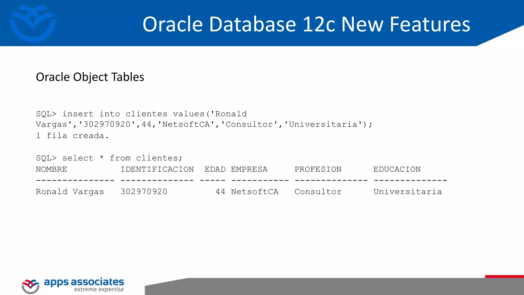 SQL> insert into clientes values('Ronald Vargas','302970920',44,'NetsoftCA','Consultor','Universitaria'); 1 fila creada. SQL> select * from clientes; NOMBRE IDENTIFICACION EDAD EMPRESA PROFESION EDUCACION --------------- -------------- ----- ----------- -------------- -------------- Ronald Vargas 302970920 44 NetsoftCA Consultor Universitaria Oracle Database 12c New Features Oracle Object Tables 