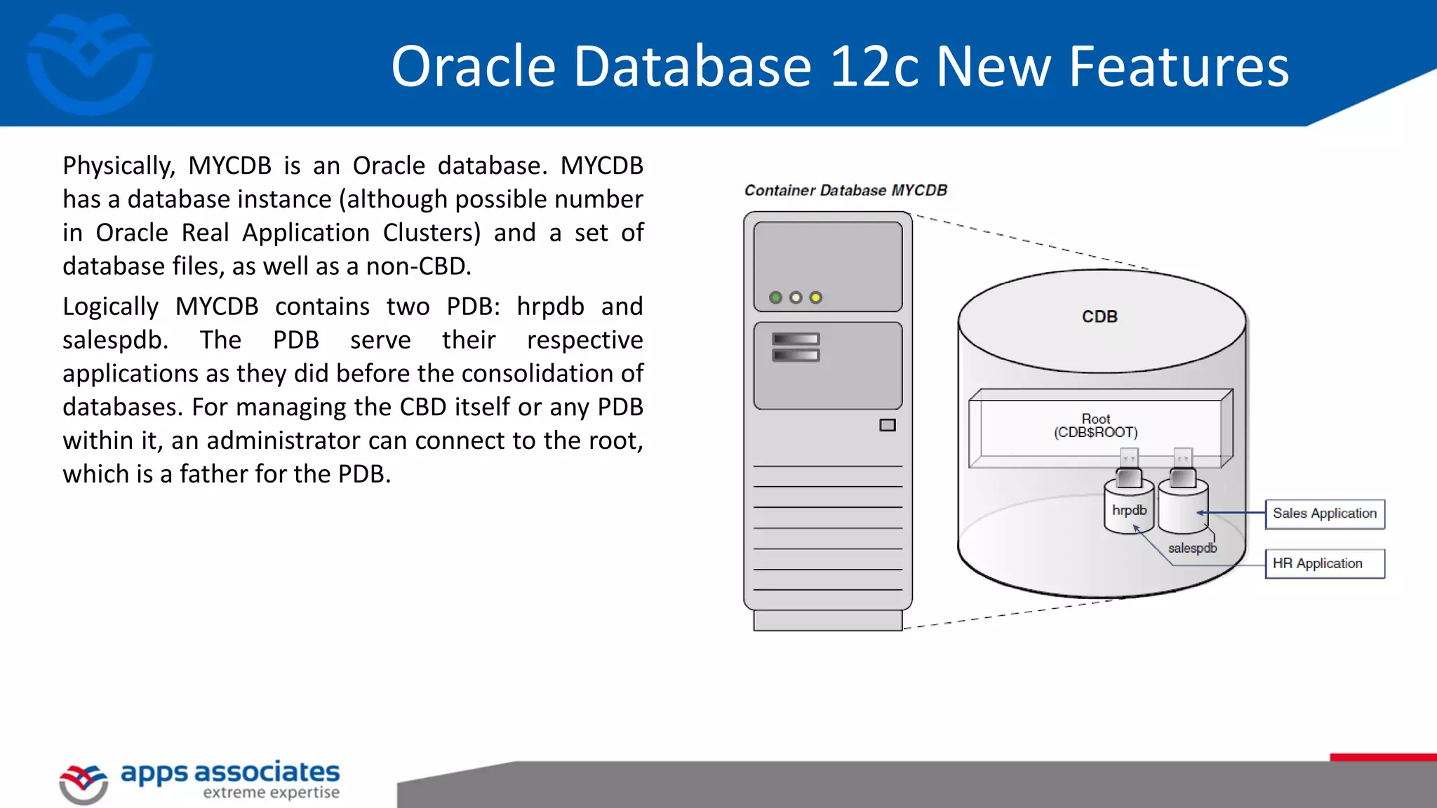 Oracle Database 12c New Features Physically, MYCDB is an Oracle database. MYCDB has a database instance (although possible number in Oracle Real Application Clusters) and a set of database files, as well as a non-CBD. Logically MYCDB contains two PDB: hrpdb and salespdb. The PDB serve their respective applications as they did before the consolidation of databases. For managing the CBD itself or any PDB within it, an administrator can connect to the root, which is a father for the PDB. 