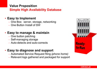 Value Proposition
  Simple High Availability Database

• Easy to Implement
  – One Box: server, storage, networking
  – One Button Install of SW

• Easy to manage & maintain
  – One button patching
  – Self-managing storage
  – Auto-detects and auto-corrects

• Easy to diagnose and support
  – Automated Service Request filing (phone home)
  – Relevant logs gathered and packaged for support
 