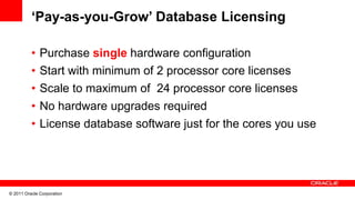 ‘Pay-as-you-Grow’ Database Licensing

          •   Purchase single hardware configuration
          •   Start with minimum of 2 processor core licenses
          •   Scale to maximum of 24 processor core licenses
          •   No hardware upgrades required
          •   License database software just for the cores you use




© 2011 Oracle Corporation
 