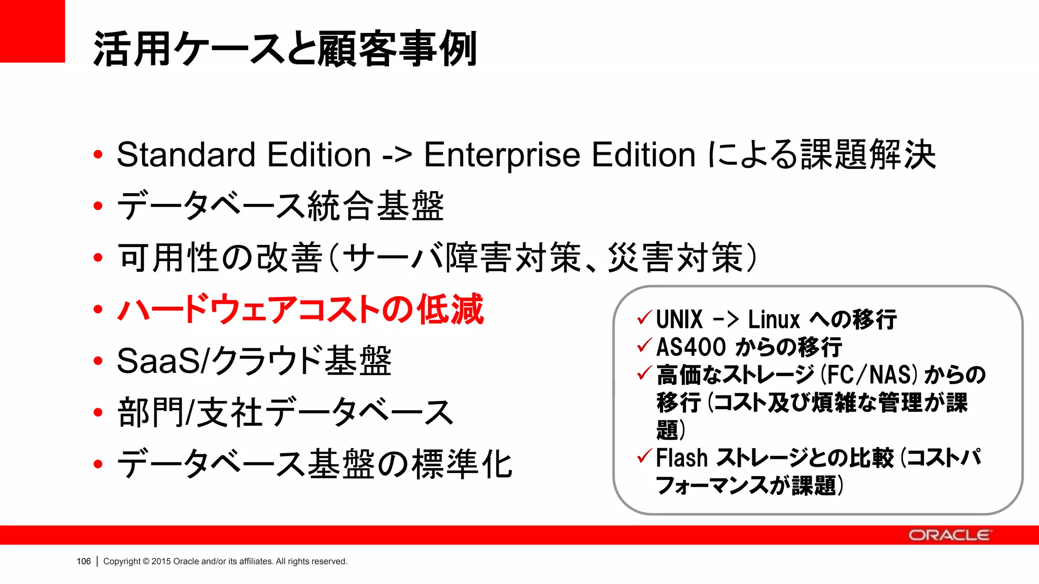10
8
Copyright © 2015, Oracle and/or its affiliates. All rights reserved.
顧客事例：CallSource社（通話トラッキングサービス）
 H/Wリプレースにあたり、パフォーマンスの改善を望んでいた
 サーバ/ストレージ/FCスイッチで合計$25万の投資を検討し
ていた
 調査に3ヶ月、構成/テストに2ヶ月、合計5ヶ月以上の期間を
移行プロジェクトに掛けることはできない
 既存環境に比べ、7倍のパフォーマンスを実現
 $25万のH/W構成のパフォーマンスを1/5のコストで実現
 迅速な環境構築（2時間半）、複雑なパッチ管理からの解放
 25RUから4RUにスペース削減、消費電力は1/3以下
 Enterprise Edition がスモール
スタートできる
 圧倒的に高いコストパフォーマ
ンス
 シンプルな構築と運用管理
 運用費用の大幅削減
システムの課題とニーズ ODAによる課題とニーズへの対応
Why ODA ?
個別H/Wの組み合わせ vs. ODA
パフォーマ
ンス
同一
コスト $25万 vs. $5万
構築 5ヶ月 vs. 2.5時間
スペース 25RU vs. 4RU
消費電力 25A vs. 7A
vs.
1/5のコストで同一パフォーマンス
ミッドレンジクラス・ストレージに比べ、圧倒的に高いコストパフォーマンス
* ORACLE MAGAZINE Vol.12
http://oraclemag.mobileclip.jp/entry/3108027
 