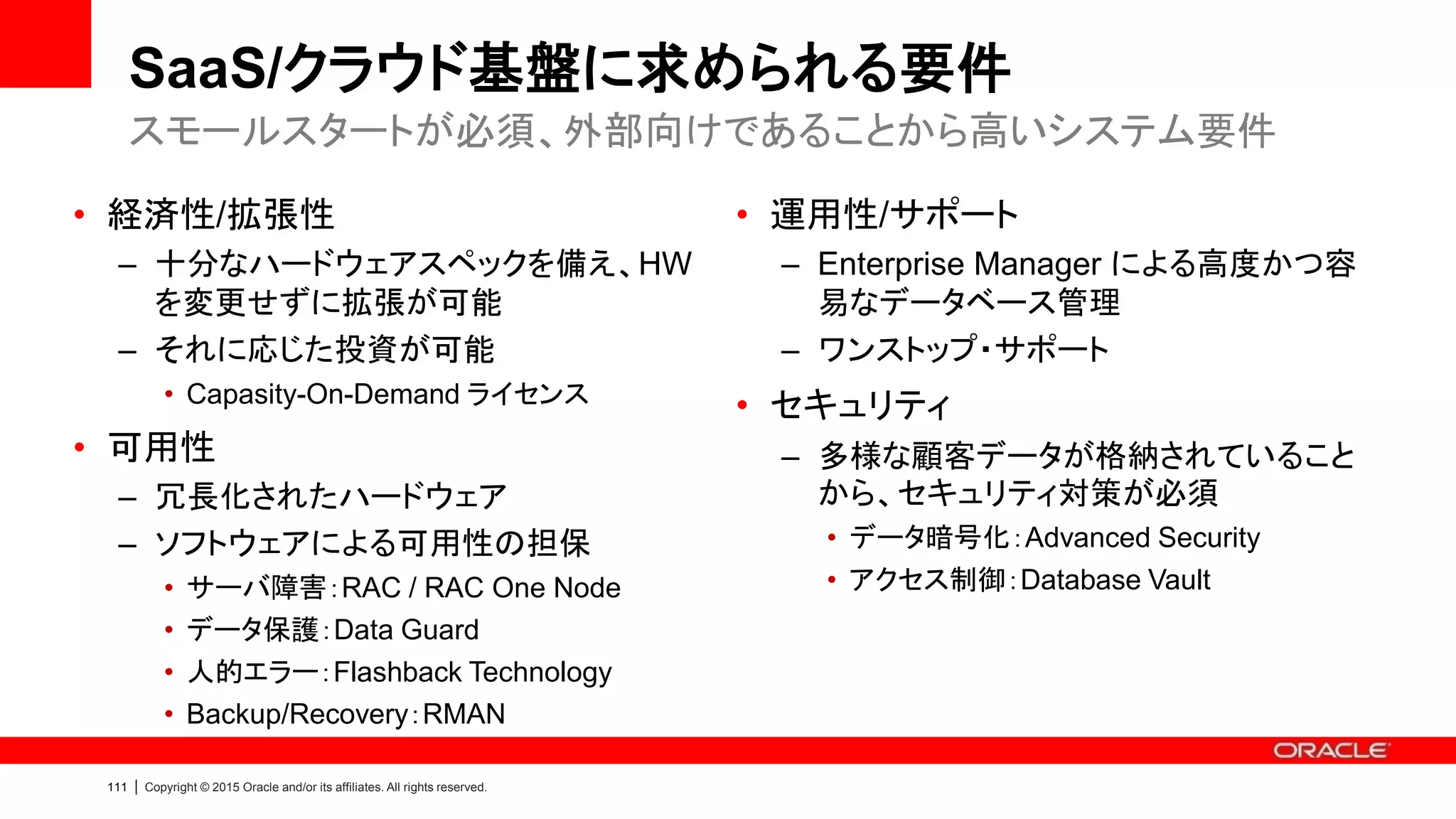 114 | Copyright © 2015 Oracle and/or its affiliates. All rights reserved.
顧客事例：NTTビズリンク様
• アプリケーション・サービスDB基盤
• ハウジング、ホスティングなどとともに、
クラウド・バックアップ・サービス「イージ
ーDR」、インターネット・ストレージ・サー
ビス「iTrustee」など、ネットワークを活用
した多彩なアプリケーション・サービスを
提供
• 採用のポイント
– 短期構築と導入コストの削減を実現
– Enterprise Edition を低コストで導入及
び運用可能
• 今後のアプリケーション・サービスの成長に
合わせて拡張可能
– ワンストップ・サポート
• 全てのコンポーネントをオラクルが提供
– PostgreSQL 等のOSSと比べた高い信
頼性
* プレスリリース
https://www.oracle.com/jp/corporate/pressrelease/3-2923.html
短期導入と3倍の性能改善、サービスの成長に合わせて拡張可能
 