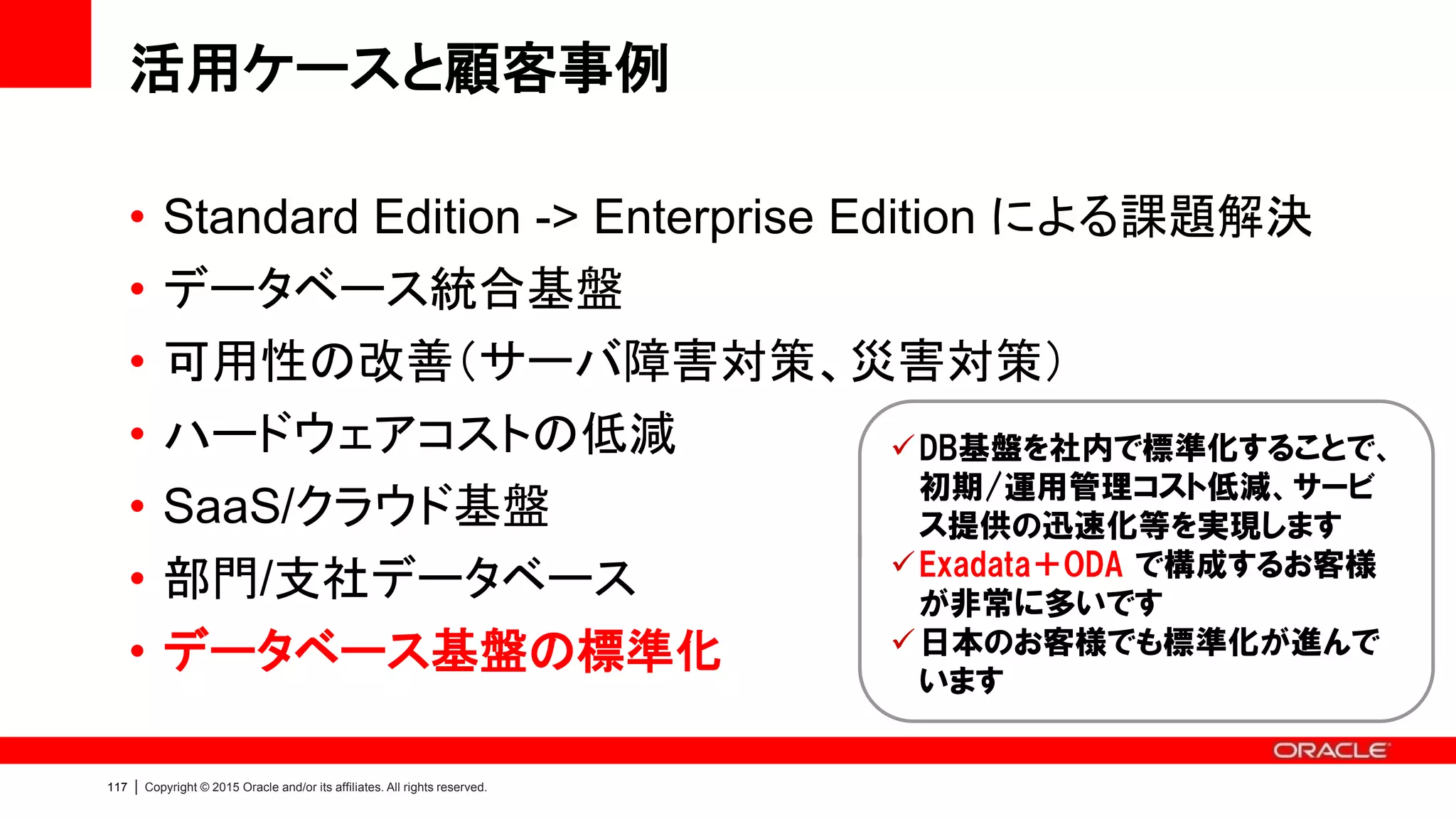 Copyright © 2015, Oracle and/or its affiliates. All rights reserved.120
 Exadata とともに社内標準DB基盤とし
て ODA を採用
 可用性の高いDB基盤が何ヶ月という
単位でなく数日で準備ができる
 パッチ管理機能やワンストップサポート
により、大幅に運用管理コストを削減で
きる
 60台以上の ODA が稼働中
(as of Oracle OpenWold 2013)
Why ODA
顧客事例：ウォルグリーン社（米ドラッグストアー）
Engineered Systems を社内標準データベース基盤として採用
Data Guard
本番用 災対用
開発用 テスト用
高可用性が求められる処方箋受付システムでの構成例
上記のような構成が各種システムへ横展開されている
 