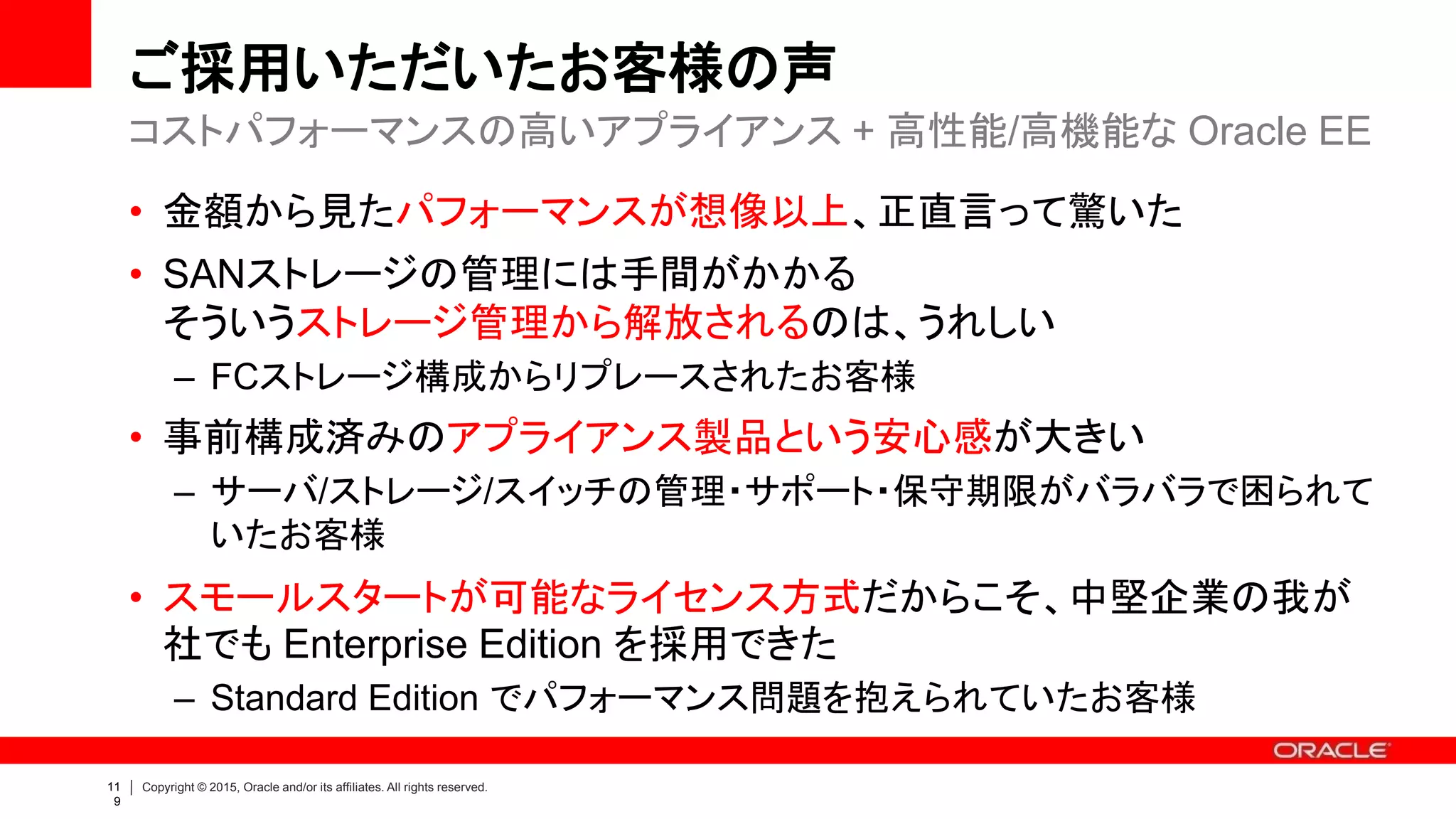 123 | Copyright © 2015 Oracle and/or its affiliates. All rights reserved.
採用が急速に進む Oracle Database Appliance
採用/稼働ニュースリリース済み お客様（五十音順） 1/3
• HBA 様
– 導入後、約1カ月でクラウド・サービスの基盤として展開。
特別なチューニングを行わず最大5倍の性能を改善
• NTTビズリンク 様
– クラウド・アプリケーションサービスのDB基盤に採用し、従
来比3倍の性能を実現
• VOYAGE GROUP 様
– 日本最大級の価格比較サイト「ECナビ」に採用
• 伊藤忠テクノソリューションズ 様
– 新プロジェクト管理システム「PJNAVI」に採用し、システム
構築コスト抑制とスケジュールの巻き返しに大きく貢献
• オークネット 様 (SE->EE, 統合)
– 460万台の車両データをはじめリアルタイムで変動する
データの迅速な処理とハードウェア保守費用などにかか
るコストの削減を実現
• 京阪百貨店 様 (SE->EE, 統合)
– ギフト商品の対面受注システムを刷新し、繁忙期のバッ
チ処理が最大6倍高速化
• 小泉成器 様 (SE->EE, 統合)
– イントラマートをベースにした営業支援システムのDB基盤
を統合、バッチ処理が従来の4倍に性能向上
• 三甲リース 様(SE->EE)
– レンタル業務の中核となるプラスチックパレットおよびコン
テナ管理システムのデータベース基盤での集計バッチを5
時間から1時間に短縮
 