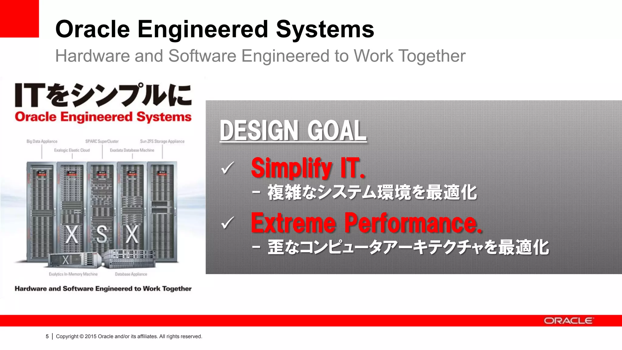 5 | Copyright © 2015 Oracle and/or its affiliates. All rights reserved.
Oracle Engineered Systems
Hardware and Software Engineered to Work Together
DESIGN GOAL
 Simplify IT.
- 複雑なシステム環境を最適化
 Extreme Performance.
- 歪なコンピュータアーキテクチャを最適化
 