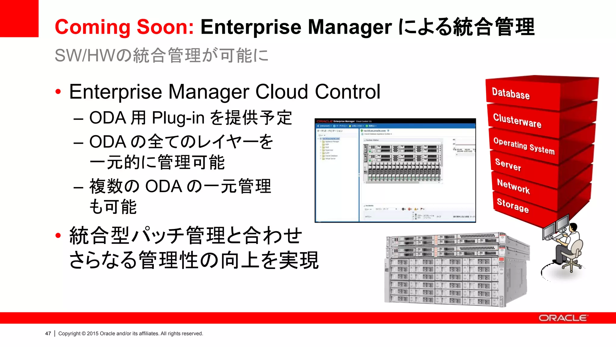 50 | Copyright © 2015 Oracle and/or its affiliates. All rights reserved.
Oracle Database Appliance のバックアップ
• バックアップ先
– 共有ディスクへのバックアップ
– 外部ディスクへのバックアップ
– テープへのバックアップ
• バックアップ方法
– Oracle Database の標準ソフトウェアを利用
• Oracle Recovery Manager (RMAN), Oracle Secure Backup
• Oracle Enterprise Manager を利用した管理・スケジューリング
– 3rd-Party ソフトウェアを利用
概要｜従来の Oracle Database と変わらず運用可能
Backup Rate
(TB/Hr)
Restore Rate
(TB/Hr)
共有ディスク 2.5TB 2.6TB
外部ディスク 1.2TB 0.6TB
テープ 1.9TB -
* Oracle Database Applianceのバックアップとリカバリのベスト・プラクティス
http://www.oracle.com/jp/products/database/database-appliance/dbappliance-
backup-strategies-1910721-ja.pdf
 