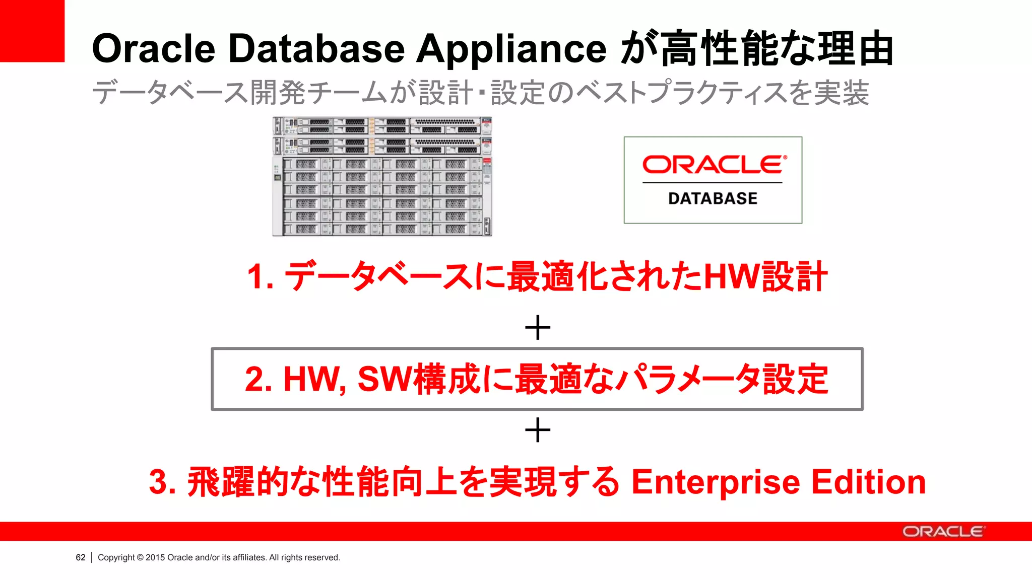 61 | Copyright © 2015 Oracle and/or its affiliates. All rights reserved.
Oracle Database Appliance：DBテンプレート
• テンプレートを使用してデータベースを作成
– ワークロード毎に用意（OLTP/DSS/In-Memory）
– 以下はOLTP用テンプレート
HW, SW構成に最適なパラメータを設定済み
odb-01s odb-01 odb-02 odb-04 odb-06 odb-12 odb-16 odb-24 odb-32 odb-36
CPU_COUNT 1 1 2 4 6 12 16 24 32 36
プロセス数 200 200 400 800 1200 2400 3200 4800 6400 7200
システムグロー
バル
エリア（SGA）
2 GB 4 GB 8 GB 16 GB 24 GB 48 GB 64 GB 96 GB 128 GB 128 GB
プログラムグロ
ーバルエリア
（PGA）
1 GB 1 GB 4 GB 8 GB 12 GB 24 GB 32 GB 48 GB 64 GB 64 GB
Flash 6 GB 12 GB 24 GB 48 GB 72 GB 144 GB 192 GB 192 GB 192 GB 192 GB
REDO ログファ
イル
1 GB 1 GB 1 GB 1 GB 2 GB 4 GB 4 GB 4 GB 4 GB 4 GB
* Administration and Reference Guide > Database Sizing for Oracle Database Appliance
http://www.oracle.com/technetwork/database/database-appliance/documentation/index.html
 