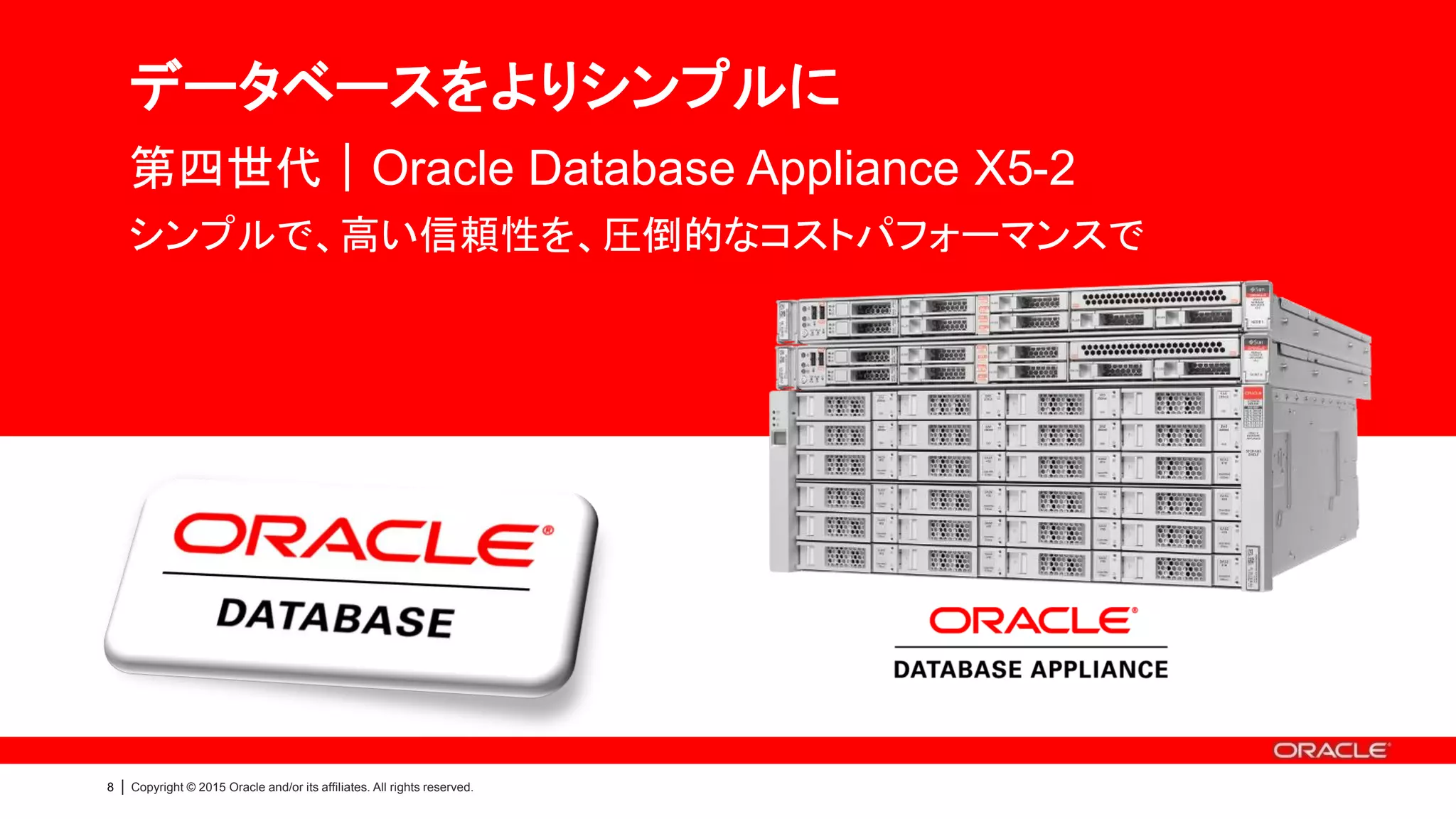 8 | Copyright © 2015 Oracle and/or its affiliates. All rights reserved.
データベースをよりシンプルに
第四世代｜Oracle Database Appliance X5-2
シンプルで、高い信頼性を、圧倒的なコストパフォーマンスで
 