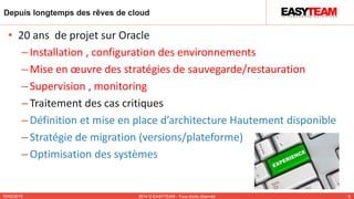 Depuis longtemps des rêves de cloud
• 20 ans de projet sur Oracle
–Installation , configuration des environnements
–Mise en œuvre des stratégies de sauvegarde/restauration
–Supervision , monitoring
–Traitement des cas critiques
–Définition et mise en place d’architecture Hautement disponible
–Stratégie de migration (versions/plateforme)
–Optimisation des systèmes
10/02/2015 2014 © EASYTEAM - Tous droits réservés 5
 