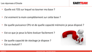 Les réponses d’Oracle
10/02/2015 2014 © EASYTEAM - Tous droits réservés 10
• Quelle est l’OS sur lequel va tourner ma base ?
• J’ai vraiment la main complètement sur cette base ?
• De quelle puissance CPU et de quelle capacité mémoire je peux disposé ?
• Est-ce que je peux la faire évoluer facilement ?
• De quelle capacité de stockage je dispose ?
• Est-ce évolutif ?
 